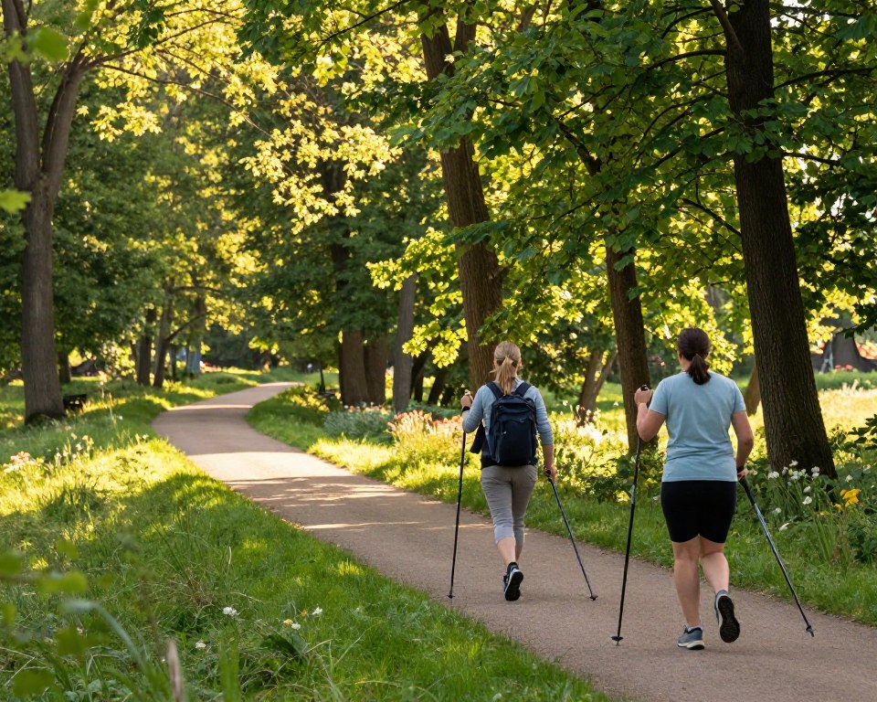 A scenic view of Nordic walking in Gdańsk, set in the tranquil Trójmiejski Park Krajobrazowy. In the foreground, two individuals in modest athletic wear practice Nordic walking with poles, showcasing an engaged posture and dynamic movement. The middle ground features a lush, green pathway lined with tall trees, creating a sense of adventure and exploration. In the background, sunlight filters through the leaves, casting dappled shadows on the ground, with hints of colorful wildflowers dotting the path. The atmosphere is serene and invigorating, enhanced by soft, warm sunlight that suggests early morning or late afternoon. The angle captures the perspective of walking along the path, inviting viewers to immerse themselves in this beautiful natural setting.