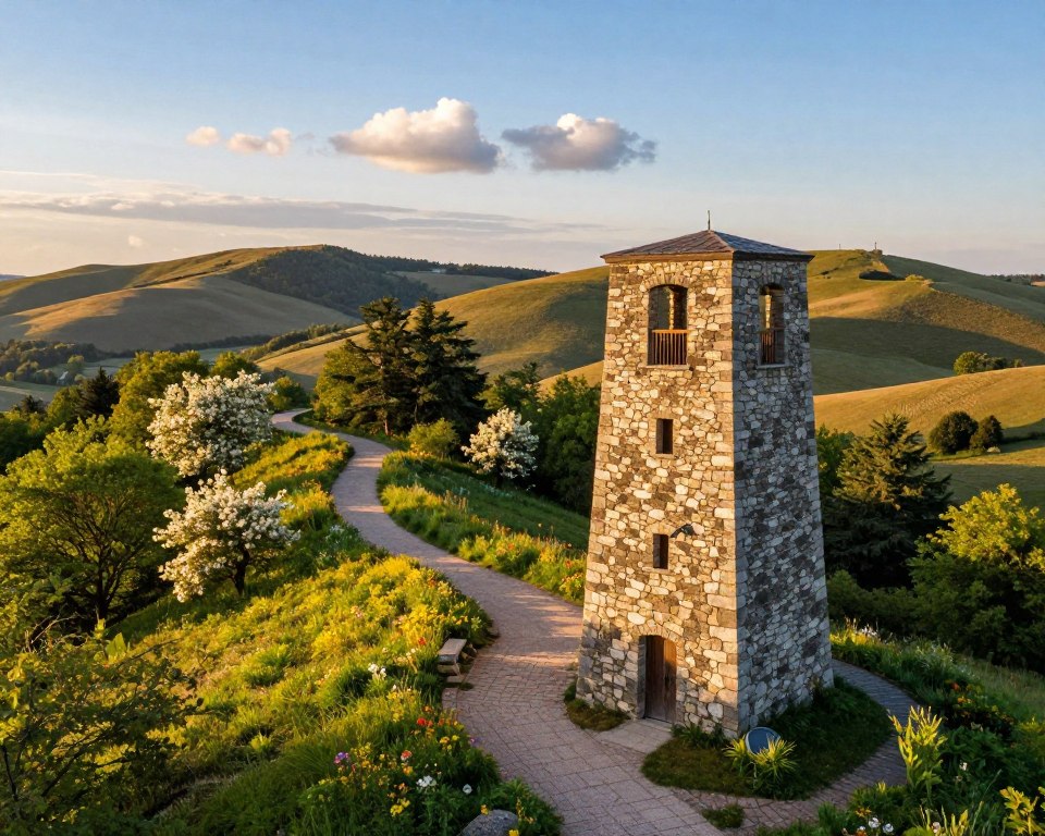A scenic view of Oliwa, featuring the Pachołek lookout tower prominently in the foreground, made of rustic stone with a winding path leading up to it surrounded by lush greenery. In the middle ground, a trail meanders through vibrant, blooming wildflowers and shady trees, inviting visitors to explore. The background showcases the rolling hills of Oliwa, bathed in warm late afternoon sunlight, creating a golden hue across the landscape. Soft clouds float in a clear blue sky, enhancing the peaceful atmosphere. Use a wide-angle lens perspective to capture the grandeur of the scenery and emphasize the natural beauty of the area. The mood is serene and inviting, ideal for nature lovers and hikers. A scenic view of Oliwa, featuring the Pachołek lookout tower prominently in the foreground, made of rustic stone with a winding path leading up to it surrounded by lush greenery. In the middle ground, a trail meanders through vibrant, blooming wildflowers and shady trees, inviting visitors to explore. The background showcases the rolling hills of Oliwa, bathed in warm late afternoon sunlight, creating a golden hue across the landscape. Soft clouds float in a clear blue sky, enhancing the peaceful atmosphere. Use a wide-angle lens perspective to capture the grandeur of the scenery and emphasize the natural beauty of the area. The mood is serene and inviting, ideal for nature lovers and hikers.