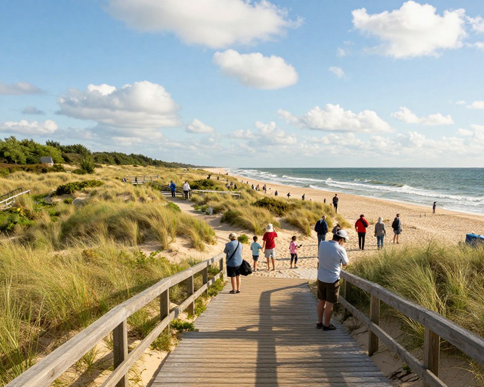 A scenic view of Sobieszewska Island, showcasing pristine sand dunes covered in lush greenery near the coastline. In the foreground, a winding wooden walking path leads towards the beach, inviting visitors to explore the natural beauty. In the middle ground, a diverse group of people, including families and nature lovers dressed in casual, modest clothing, are enjoying their time together, some admiring the landscape while others take photographs. The background features soft waves lapping against the sandy shore under a bright blue sky dotted with fluffy white clouds. The lighting is warm and inviting, creating a serene and welcoming atmosphere. Utilize a wide-angle lens to capture the expansive beauty of the dunes and the vibrant scenery of this tranquil coastal retreat. A scenic view of Sobieszewska Island, showcasing pristine sand dunes covered in lush greenery near the coastline. In the foreground, a winding wooden walking path leads towards the beach, inviting visitors to explore the natural beauty. In the middle ground, a diverse group of people, including families and nature lovers dressed in casual, modest clothing, are enjoying their time together, some admiring the landscape while others take photographs. The background features soft waves lapping against the sandy shore under a bright blue sky dotted with fluffy white clouds. The lighting is warm and inviting, creating a serene and welcoming atmosphere. Utilize a wide-angle lens to capture the expansive beauty of the dunes and the vibrant scenery of this tranquil coastal retreat.