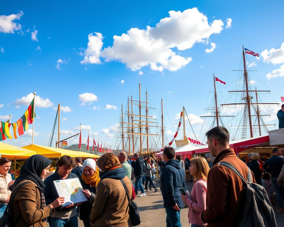 A scenic view of a bustling harbor during the Święto Morza festival in Gdańsk. In the foreground, a diverse group of people in modest casual clothing are looking at a digital map on a tablet, planning their route for the day’s festivities. The middle ground features colorful stalls showcasing local delicacies and souvenirs, with musicians playing lively tunes. Sailboats and a historic ship are docked in the background, with flags fluttering in the breeze. The sky is a bright blue, dotted with puffy white clouds, creating a cheerful and inviting atmosphere. Warm sunlight illuminates the scene, enhancing the festive mood, as families and friends enjoy the activities around them. Capture this vibrant and dynamic atmosphere without any text or branding. A scenic view of a bustling harbor during the Święto Morza festival in Gdańsk. In the foreground, a diverse group of people in modest casual clothing are looking at a digital map on a tablet, planning their route for the day’s festivities. The middle ground features colorful stalls showcasing local delicacies and souvenirs, with musicians playing lively tunes. Sailboats and a historic ship are docked in the background, with flags fluttering in the breeze. The sky is a bright blue, dotted with puffy white clouds, creating a cheerful and inviting atmosphere. Warm sunlight illuminates the scene, enhancing the festive mood, as families and friends enjoy the activities around them. Capture this vibrant and dynamic atmosphere without any text or branding.