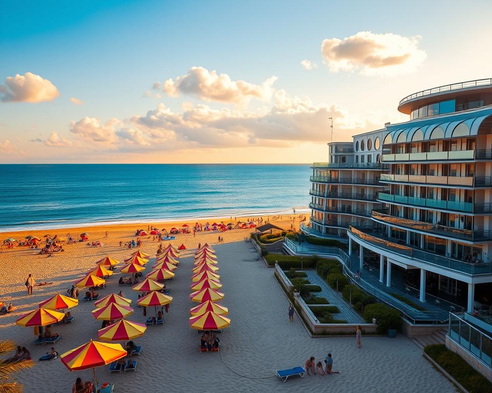 A scenic view of hotels with a picturesque backdrop along the sandy beaches of Gdańsk, showcasing elegant architecture facing the shoreline. In the foreground, vibrant beach umbrellas and families enjoying the summer sun create a lively atmosphere. The middle ground features modern hotels with large balconies offering stunning ocean views, their glass facades reflecting the afternoon light. In the background, the tranquil blue sea stretches to the horizon, meeting a clear sky dotted with fluffy clouds. The golden hue of the sunset bathes the scene in warm light, evoking a relaxing and inviting mood. Captured with a wide-angle lens to emphasize the beauty of the landscape, the overall feel is one of leisure and upscale vacationing by the coast. A scenic view of hotels with a picturesque backdrop along the sandy beaches of Gdańsk, showcasing elegant architecture facing the shoreline. In the foreground, vibrant beach umbrellas and families enjoying the summer sun create a lively atmosphere. The middle ground features modern hotels with large balconies offering stunning ocean views, their glass facades reflecting the afternoon light. In the background, the tranquil blue sea stretches to the horizon, meeting a clear sky dotted with fluffy clouds. The golden hue of the sunset bathes the scene in warm light, evoking a relaxing and inviting mood. Captured with a wide-angle lens to emphasize the beauty of the landscape, the overall feel is one of leisure and upscale vacationing by the coast.