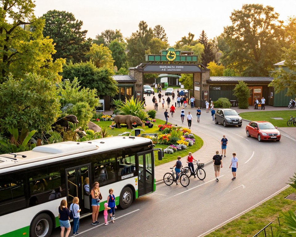 A scenic view of the Gdańsk Zoo entrance, bustling with families and tourists arriving by various modes of transport. In the foreground, a well-maintained public transport bus stops with cheerful passengers disembarking, while bicycles are parked nearby. In the middle, a smooth pathway leads through lush greenery and colorful flowers, guiding visitors towards the zoo entrance, marked by a welcoming arch. In the background, the zoo entrance is visible, bustling with activity. Soft golden hour lighting casts a warm glow on the scene, creating an inviting atmosphere. The angle should focus slightly from above, capturing both the vibrant life of the foreground and the details of the zoo in the background, evoking a sense of excitement and adventure. A scenic view of the Gdańsk Zoo entrance, bustling with families and tourists arriving by various modes of transport. In the foreground, a well-maintained public transport bus stops with cheerful passengers disembarking, while bicycles are parked nearby. In the middle, a smooth pathway leads through lush greenery and colorful flowers, guiding visitors towards the zoo entrance, marked by a welcoming arch. In the background, the zoo entrance is visible, bustling with activity. Soft golden hour lighting casts a warm glow on the scene, creating an inviting atmosphere. The angle should focus slightly from above, capturing both the vibrant life of the foreground and the details of the zoo in the background, evoking a sense of excitement and adventure.