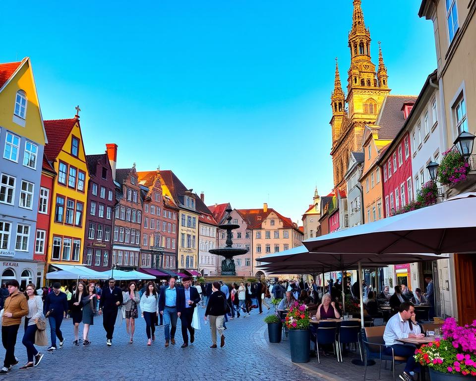 A scenic view of the historic Old Town of Gdańsk, showcasing iconic attractions such as the colorful facades of the Merchant's Houses, the famous Neptune Fountain, and the towering St. Mary's Church. In the foreground, there are cobblestone streets bustling with visitors dressed in smart casual attire, admiring the architecture. The middle ground features outdoor café tables with people enjoying coffee under umbrellas, vibrant flowers adding a pop of color. The background presents a clear blue sky with soft, warm sunlight casting inviting shadows. Capture the charm and rich cultural atmosphere of this UNESCO World Heritage site, with a focus on the architectural details and lively ambiance, shot from a slightly elevated angle for depth and perspective.