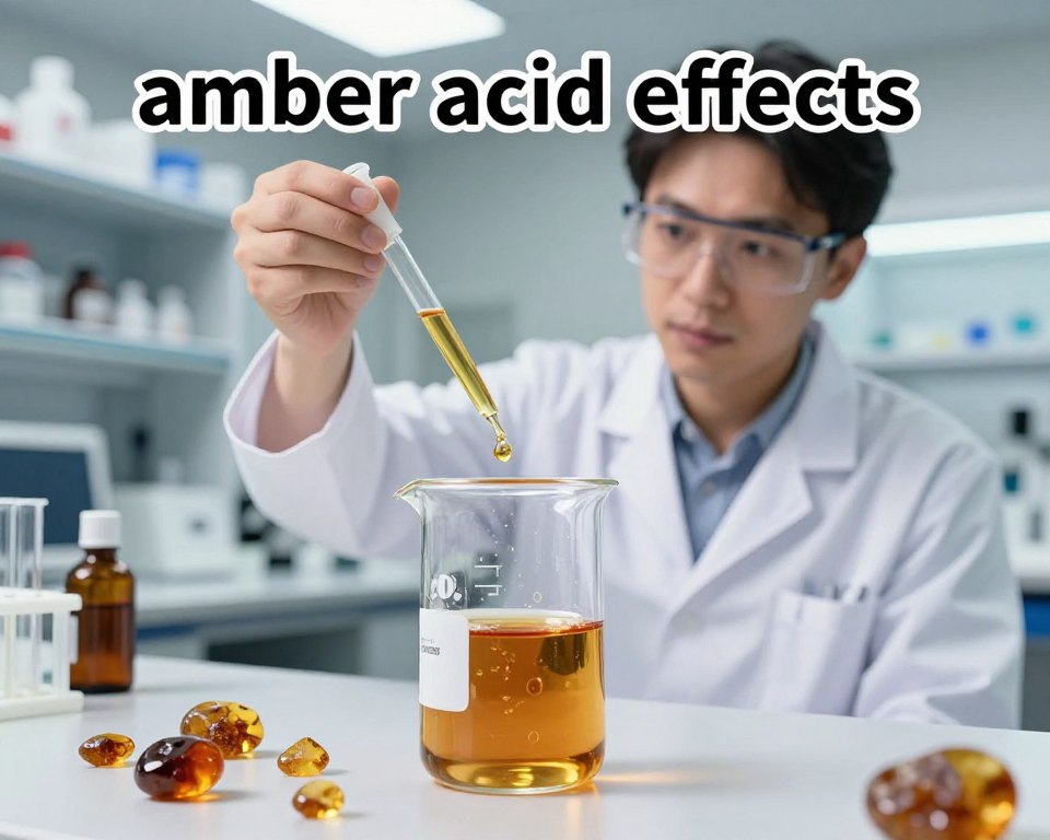 A scientific illustration focusing on "amber acid effects" in a clinical environment. In the foreground, display a delicate glass beaker filled with a clear amber liquid, symbolizing amber acid. Surround the beaker with small amber gemstones to emphasize the natural origin of the substance. In the middle ground, include a scientist in a professional lab coat, pouring a few drops of liquid from a pipette into the beaker, their expression focused and thoughtful. In the background, softly blurred shelves filled with scientific equipment and amber-colored bottles create a laboratory atmosphere. The lighting should be bright and clinical, highlighting the beaker and the scientist, while creating a sense of curiosity and professionalism in the workspace. The overall mood should convey caution and the importance of safety in scientific exploration. A scientific illustration focusing on "amber acid effects" in a clinical environment. In the foreground, display a delicate glass beaker filled with a clear amber liquid, symbolizing amber acid. Surround the beaker with small amber gemstones to emphasize the natural origin of the substance. In the middle ground, include a scientist in a professional lab coat, pouring a few drops of liquid from a pipette into the beaker, their expression focused and thoughtful. In the background, softly blurred shelves filled with scientific equipment and amber-colored bottles create a laboratory atmosphere. The lighting should be bright and clinical, highlighting the beaker and the scientist, while creating a sense of curiosity and professionalism in the workspace. The overall mood should convey caution and the importance of safety in scientific exploration.