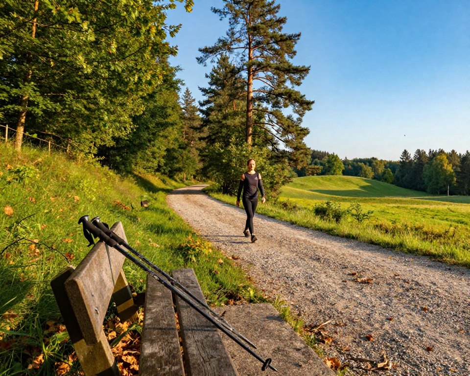 A serene Nordic walking trail winding through the lush greenery of the Trójmiejski Park Krajobrazowy in Gdańsk. In the foreground, a pair of sturdy Nordic walking poles rests on a wooden bench, surrounded by fallen leaves. In the middle ground, a fit individual dressed in modest athletic wear walks confidently along the gravel path, demonstrating proper form. The background features tall pine trees and soft rolling hills, bathed in warm, golden sunlight filtering through the leaves, creating a tranquil atmosphere. A slight breeze rustles the foliage, and distant birds can be seen in the vivid blue sky. Capture this picturesque setting with a wide-angle lens to emphasize the expansive natural beauty and the appeal of outdoor exercise.