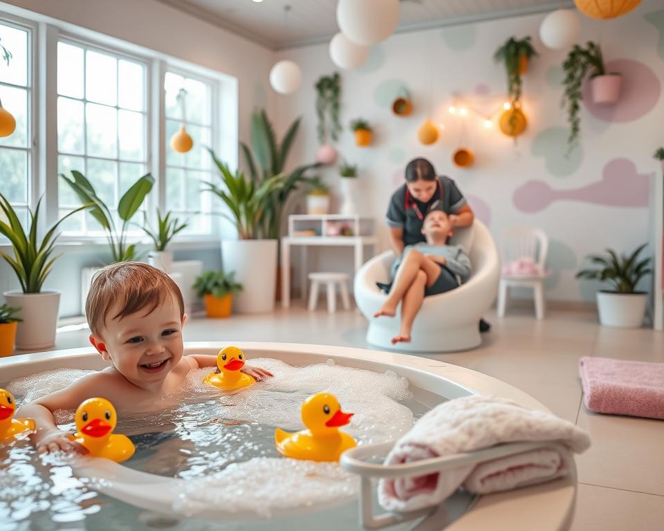 A serene and inviting children's spa area in Gdańsk, featuring a colorful, playful atmosphere. In the foreground, a child in modest swimwear enjoys a gentle bubble bath surrounded by vibrant rubber duckies and soft, fluffy towels. In the middle ground, a professional staff member, dressed in a smart uniform, offers a soothing facial or massage to another child seated comfortably. The background showcases cheerful, whimsical decor with pastel colors, along with calming plants and soft lighting that creates a warm, tranquil vibe. Large windows allow natural light to filter in, enhancing the inviting ambiance. The overall mood is joyful and relaxed, evoking a sense of fun and pampering for kids in a safe environment.