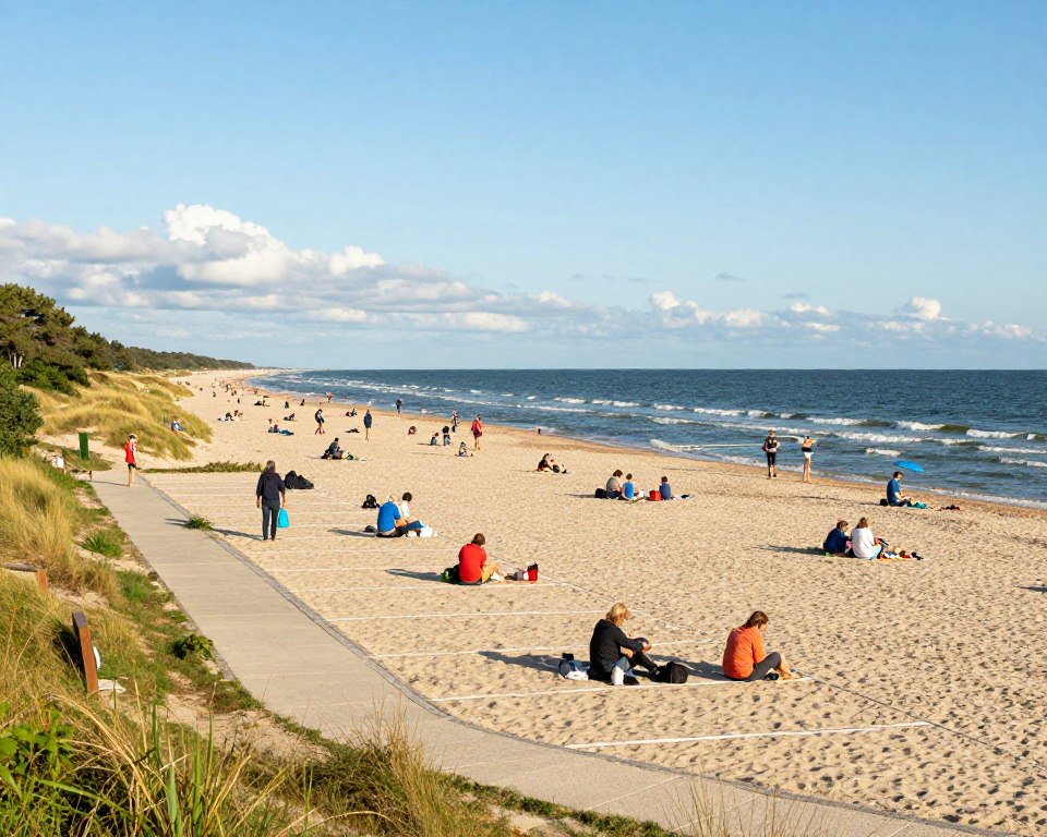 A serene beach scene at Orle Beach on Sobieszewska Island, showcasing the availability of parking spaces near the pristine shoreline. In the foreground, neatly organized parking spots filled with modestly dressed families, enjoying their beach day, and alongside, a clear path leading to the sandy beach. The middle ground features scattered beachgoers engaging in various activities, such as picnicking and playing. The backdrop is a lush natural landscape, with dunes and gentle waves of the Baltic Sea under a bright, clear blue sky with soft, fluffy clouds. Golden sunlight illuminates the scene, casting warm shadows, while a wide-angle lens captures the beauty and tranquility of this wild coastal area. The atmosphere is peaceful and inviting, ideal for nature lovers and families.