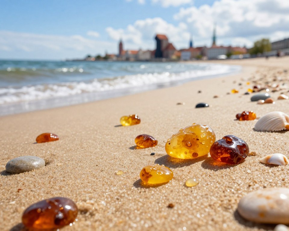 A serene beach scene on the shores of Gdańsk, featuring glistening pieces of amber scattered across the golden sands. In the foreground, close-up details of the droplets of sea water glistening on the amber, showcasing its rich, warm hues of yellow and brown. The middle ground reveals gentle waves lapping the shore, with a few smooth stones and seashells complementing the amber. In the background, the iconic Gdańsk skyline is visible under a bright blue sky with fluffy white clouds, capturing the vibrant atmosphere of a sunny day. Soft, warm sunlight bathes the scene, creating a tranquil and inviting mood, with a focus on the natural beauty and allure of amber as a treasure of the beach. A serene beach scene on the shores of Gdańsk, featuring glistening pieces of amber scattered across the golden sands. In the foreground, close-up details of the droplets of sea water glistening on the amber, showcasing its rich, warm hues of yellow and brown. The middle ground reveals gentle waves lapping the shore, with a few smooth stones and seashells complementing the amber. In the background, the iconic Gdańsk skyline is visible under a bright blue sky with fluffy white clouds, capturing the vibrant atmosphere of a sunny day. Soft, warm sunlight bathes the scene, creating a tranquil and inviting mood, with a focus on the natural beauty and allure of amber as a treasure of the beach.