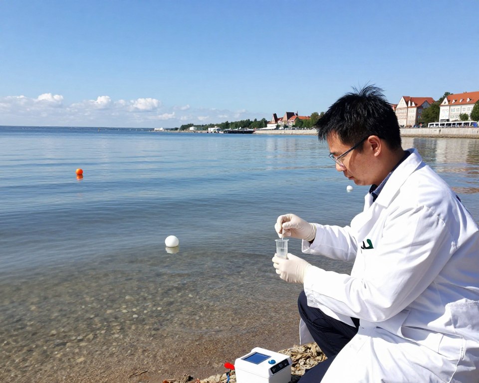 A serene beach setting depicting water quality monitoring in the Gdańsk Bay. In the foreground, a dedicated environmental scientist, dressed in professional attire, inspects water samples with a glass beaker and testing equipment. The middle ground features clear, calm waters of the bay, with floating markers indicating sampled areas. In the background, a picturesque view of a coastal landscape under a bright blue sky with soft clouds, along with a distant view of a typical seaside promenade. The lighting is bright and natural, evoking a sense of clarity and professionalism, emphasizing the importance of monitoring bathing waters. The atmosphere is calm yet vigilant, showcasing the necessary precaution and scientific approach to water quality. A serene beach setting depicting water quality monitoring in the Gdańsk Bay. In the foreground, a dedicated environmental scientist, dressed in professional attire, inspects water samples with a glass beaker and testing equipment. The middle ground features clear, calm waters of the bay, with floating markers indicating sampled areas. In the background, a picturesque view of a coastal landscape under a bright blue sky with soft clouds, along with a distant view of a typical seaside promenade. The lighting is bright and natural, evoking a sense of clarity and professionalism, emphasizing the importance of monitoring bathing waters. The atmosphere is calm yet vigilant, showcasing the necessary precaution and scientific approach to water quality.
