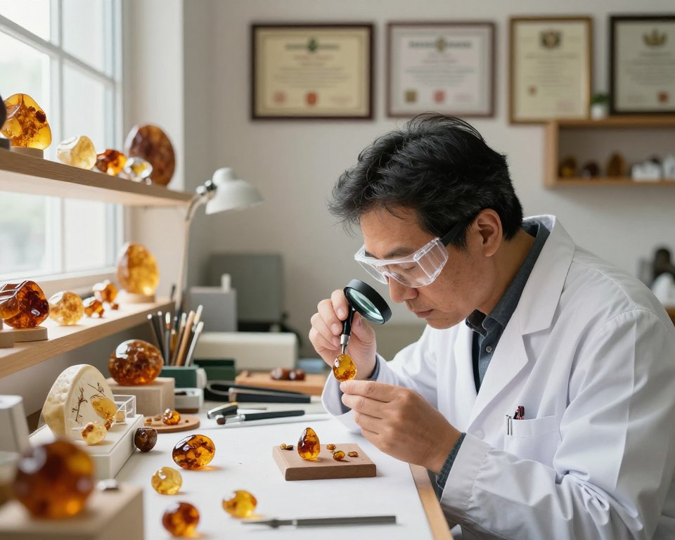 A serene, brightly lit jeweler's workshop as the foreground, with a skilled gemologist examining a piece of amber under a magnifying glass. The gemologist, a middle-aged individual in professional business attire, wears clear protective glasses, showcasing focus and expertise. The middle ground depicts shelves filled with various amber artifacts and tools for analysis. Soft, diffused natural light filters through a large window, creating a warm ambiance, highlighting the amber's rich golden hues and intricate details. In the background, a wall adorned with diplomas and professional certifications emphasizes the importance of expertise in amber evaluation. The overall atmosphere conveys professionalism and trustworthiness, underscoring the significance of seeking expert advice for amber preservation. A serene, brightly lit jeweler's workshop as the foreground, with a skilled gemologist examining a piece of amber under a magnifying glass. The gemologist, a middle-aged individual in professional business attire, wears clear protective glasses, showcasing focus and expertise. The middle ground depicts shelves filled with various amber artifacts and tools for analysis. Soft, diffused natural light filters through a large window, creating a warm ambiance, highlighting the amber's rich golden hues and intricate details. In the background, a wall adorned with diplomas and professional certifications emphasizes the importance of expertise in amber evaluation. The overall atmosphere conveys professionalism and trustworthiness, underscoring the significance of seeking expert advice for amber preservation.