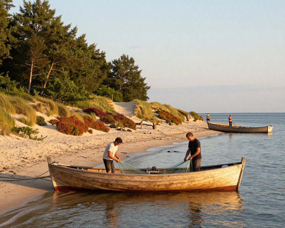 A serene coastal scene depicting the essence of culture on Sobieszewska Island, set under a warm golden sunset. In the foreground, a traditional wooden fishing boat rests gently on the tranquil waters, with a few fishermen in modest casual clothing tending to their nets. Midground features soft sand dunes adorned with vibrant coastal flora, while meandering pathways invite visitors to explore. In the background, lush green forests rise gently, leading to a clear view of the calm Baltic Sea stretching into the horizon. The light casts a warm glow, enhancing the peaceful atmosphere. The image captures