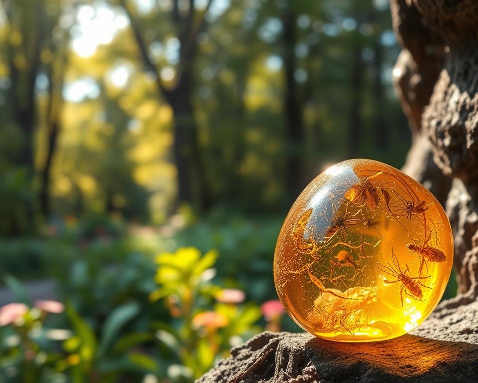 A serene ecological reconstruction scene highlighting amber inclusions in a natural setting. In the foreground, a clear piece of amber encasing small prehistoric creatures like insects and plant remnants, glistening under soft, warm sunlight. The middle ground features a vibrant, lush forest scene, rich in biodive A serene ecological reconstruction scene highlighting amber inclusions in a natural setting. In the foreground, a clear piece of amber encasing small prehistoric creatures like insects and plant remnants, glistening under soft, warm sunlight. The middle ground features a vibrant, lush forest scene, rich in biodiversity, with detailed flora and fauna that hint at the ancient ecosystem. In the background, gently blurred trees create depth and evoke a sense of tranquility. The lighting is soft and natural, enhancing the amber's glow and creating dynamic contrasts. A macro lens effect captures the intricate details of the amber and its inclusions, emphasizing their significance in ecological studies. The mood is peaceful, evoking curiosity about the past and the importance of these findings.