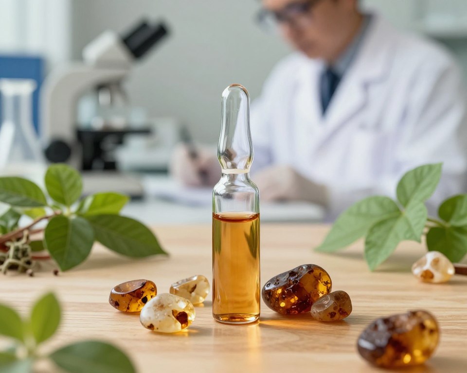 A serene laboratory setting showcasing a glass vial containing amber acid, surrounded by natural elements like amber stones and vibrant green leaves, symbolizing vitality and health. In the foreground, focus on the vial glinting under soft, ambient lighting that highlights its transparency and the warm hues of amber. The middle ground features a wooden table with scattered herbs and exotic plants known for boosting immunity, creating a feeling of nature's healing power. In the background, a blurred view of a professional conducting research, dressed in a white lab coat, adding a touch of scientific legitimacy. The overall atmosphere is calm and inspirational, evoking a sense of wellness and vitality, with a warm color palette that stimulates a feeling of hope and rejuvenation. A serene laboratory setting showcasing a glass vial containing amber acid, surrounded by natural elements like amber stones and vibrant green leaves, symbolizing vitality and health. In the foreground, focus on the vial glinting under soft, ambient lighting that highlights its transparency and the warm hues of amber. The middle ground features a wooden table with scattered herbs and exotic plants known for boosting immunity, creating a feeling of nature's healing power. In the background, a blurred view of a professional conducting research, dressed in a white lab coat, adding a touch of scientific legitimacy. The overall atmosphere is calm and inspirational, evoking a sense of wellness and vitality, with a warm color palette that stimulates a feeling of hope and rejuvenation.