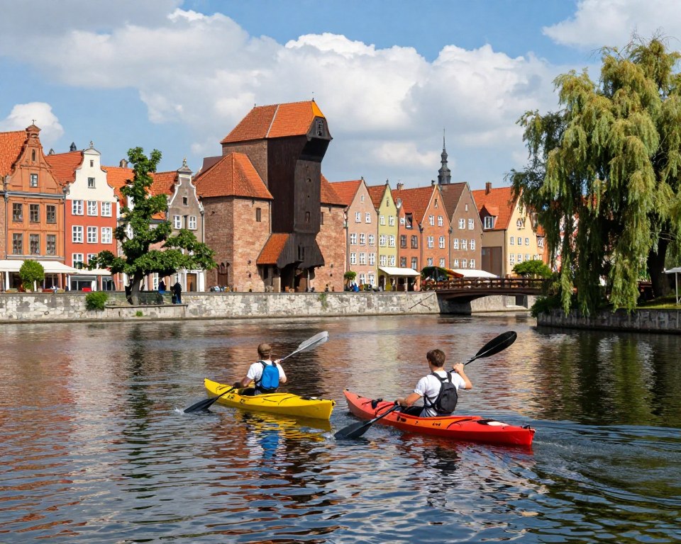 A serene lakeside scene showcasing beginners kayaking on the Motława River in Gdańsk, Poland. In the foreground, two novice kayakers dressed in casual yet modest clothing, skillfully paddling in bright, colorful kayaks. The middle ground features the picturesque canals of Gdańsk, with charming historic buildings that highlight the city's rich architecture, beautifully reflected on the water’s surface. The background reveals lush greenery and willow trees swaying gently in the breeze, under a bright blue sky sprinkled with soft, fluffy clouds. The overall atmosphere is vibrant and inviting, evoking a sense of adventure and tranquility. Use natural lighting to emphasize the warmth of the day, capturing the essence of a peaceful kayaking experience.