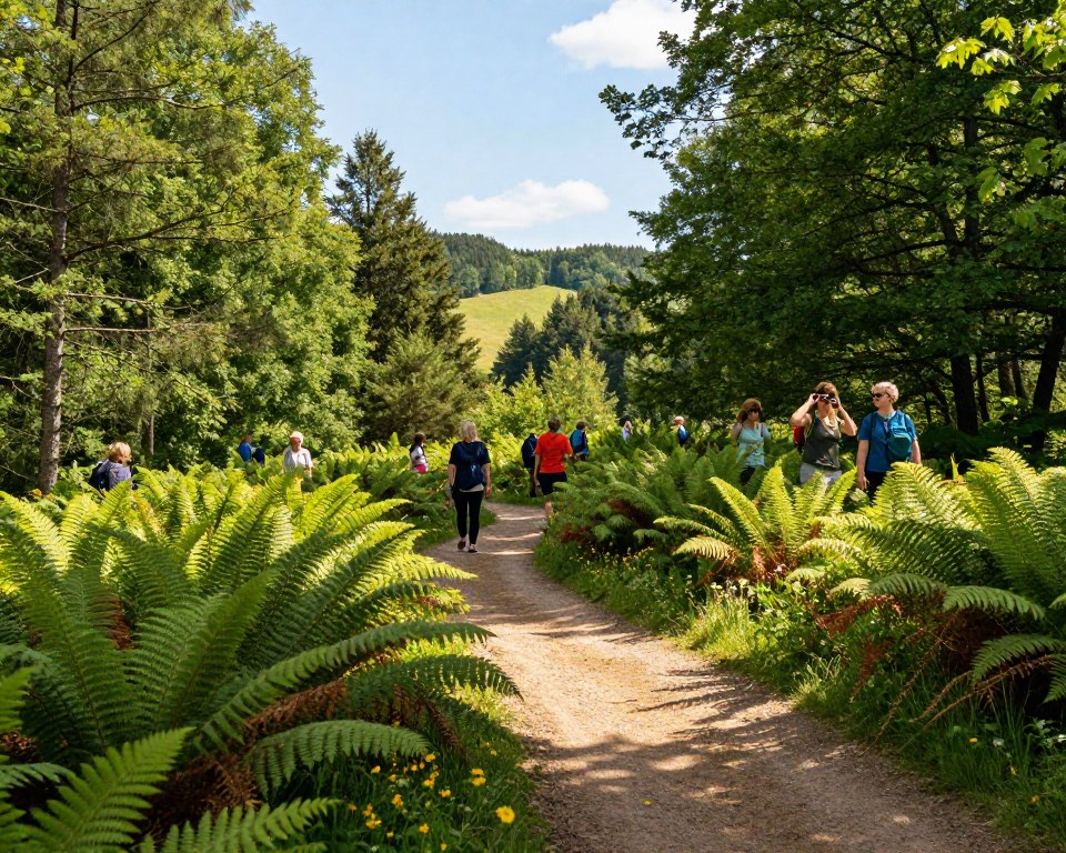 A serene landscape showcasing the tourist trails and activities in a lush forest within Trójmiejski Park Krajobrazowy, near Gdańsk. In the foreground, depict a winding dirt path surrounded by vibrant green ferns and wildflowers, inviting hikers along the trail. In the middle ground, feature groups of people, dressed in casual outdoor attire, engaging in various activities like hiking and birdwatching, capturing a se A serene landscape showcasing the tourist trails and activities in a lush forest within Trójmiejski Park Krajobrazowy, near Gdańsk. In the foreground, depict a winding dirt path surrounded by vibrant green ferns and wildflowers, inviting hikers along the trail. In the middle ground, feature groups of people, dressed in casual outdoor attire, engaging in various activities like hiking and birdwatching, capturing a sense of community and adventure. The background should reveal dense trees and gently rolling hills under a bright blue sky, with soft sunlight filtering through the leaves, creating a warm and inviting atmosphere. Use a wide-angle lens effect to emphasize the depth of the scene, enhancing the natural beauty and tranquility of the park.