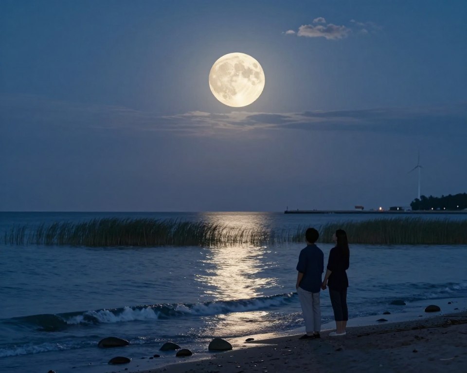 A serene nighttime scene featuring a large, luminous full moon casting its reflection over the calm Baltic Sea. In the foreground, gentle waves lap against a sandy shore dotted with smooth stones. A silhouette of a couple dressed in casual evening attire stands hand in hand, gazing upward at the moon, evoking a sense of wonder. The middle ground includes softly swaying grasses and the outlines of a distant pier or wind turbine. In the background, a dark, starry sky enhances the moon's glow, with hints of scattered clouds adding depth. The atmosphere is tranquil and evocative, creating a sense of peaceful contemplation and the beauty of astronomical observation by the sea. The image should have a soft blue and silver color palette, with the moon as the focal point illuminating the scene. A serene nighttime scene featuring a large, luminous full moon casting its reflection over the calm Baltic Sea. In the foreground, gentle waves lap against a sandy shore dotted with smooth stones. A silhouette of a couple dressed in casual evening attire stands hand in hand, gazing upward at the moon, evoking a sense of wonder. The middle ground includes softly swaying grasses and the outlines of a distant pier or wind turbine. In the background, a dark, starry sky enhances the moon's glow, with hints of scattered clouds adding depth. The atmosphere is tranquil and evocative, creating a sense of peaceful contemplation and the beauty of astronomical observation by the sea. The image should have a soft blue and silver color palette, with the moon as the focal point illuminating the scene.