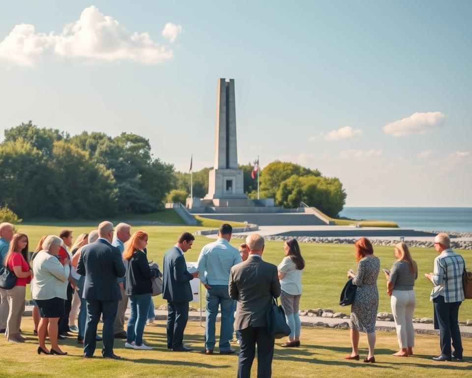 A serene outdoor scene depicting the historic Westerplatte site, featuring a majestic monument commemorating World War II's significance. In the foreground, a diverse group of visitors, dressed in professional business attire and modest casual clothing, are observing and taking notes on the site’s history. The middle ground showcases the monument illuminated by soft, warm sunlight, casting gentle shadows. In the background, lush greenery and the tranquil waters of the Baltic Sea create a peaceful atmosphere. The sky is clear with a few fluffy clouds, enhancing the sense of openness and exploration. The overall mood is informative and respectful, inviting viewers to reflect on the past while considering practical tips for their visit. A serene outdoor scene depicting the historic Westerplatte site, featuring a majestic monument commemorating World War II's significance. In the foreground, a diverse group of visitors, dressed in professional business attire and modest casual clothing, are observing and taking notes on the site’s history. The middle ground showcases the monument illuminated by soft, warm sunlight, casting gentle shadows. In the background, lush greenery and the tranquil waters of the Baltic Sea create a peaceful atmosphere. The sky is clear with a few fluffy clouds, enhancing the sense of openness and exploration. The overall mood is informative and respectful, inviting viewers to reflect on the past while considering practical tips for their visit.