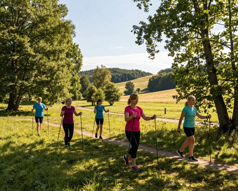 A serene outdoor setting in the Trójmiejski Park Krajobrazowy, depicting a Nordic walking training session. In the foreground, a diverse group of four individuals, dressed in professional athletic clothing, engage in a guided lesson with poles in hand, demonstrating proper technique. The middle ground features a grassy path winding through lush trees, with the sunlight filtering through the leaves, creating dappled patterns on the ground. In the background, gentle hills rise under a clear blue sky. The atmosphere is energetic yet calming, with an emphasis on health and community. The lighting is warm and inviting, captured from a slightly elevated angle to showcase the participants and the beautiful natural surroundings.