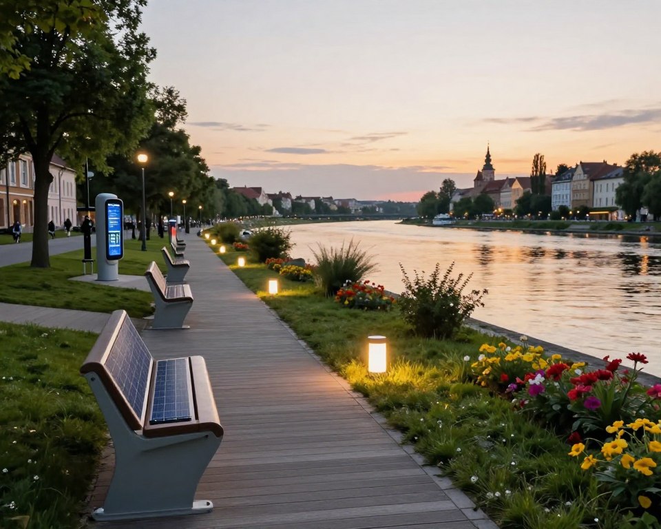 A serene riverside scene showcasing innovative technological solutions along the Motława River. In the foreground, sleek benches with integrated solar panels and charging stations are positioned along a well-maintained boardwalk. The middle ground features smart lighting with soft, warm hues illuminating the path, surrounded by lush greenery and vibrant flowers. In the background, the historical architecture of the Długi Pobrzeże adds charm, contrasting with modern amenities like bike-sharing stations and interactive kiosks. The atmosphere is calm and inviting, with a gentle sunset casting golden reflections on the water. The scene captures a perfect blend of nature and technology, highlighting the evolution of urban spaces.