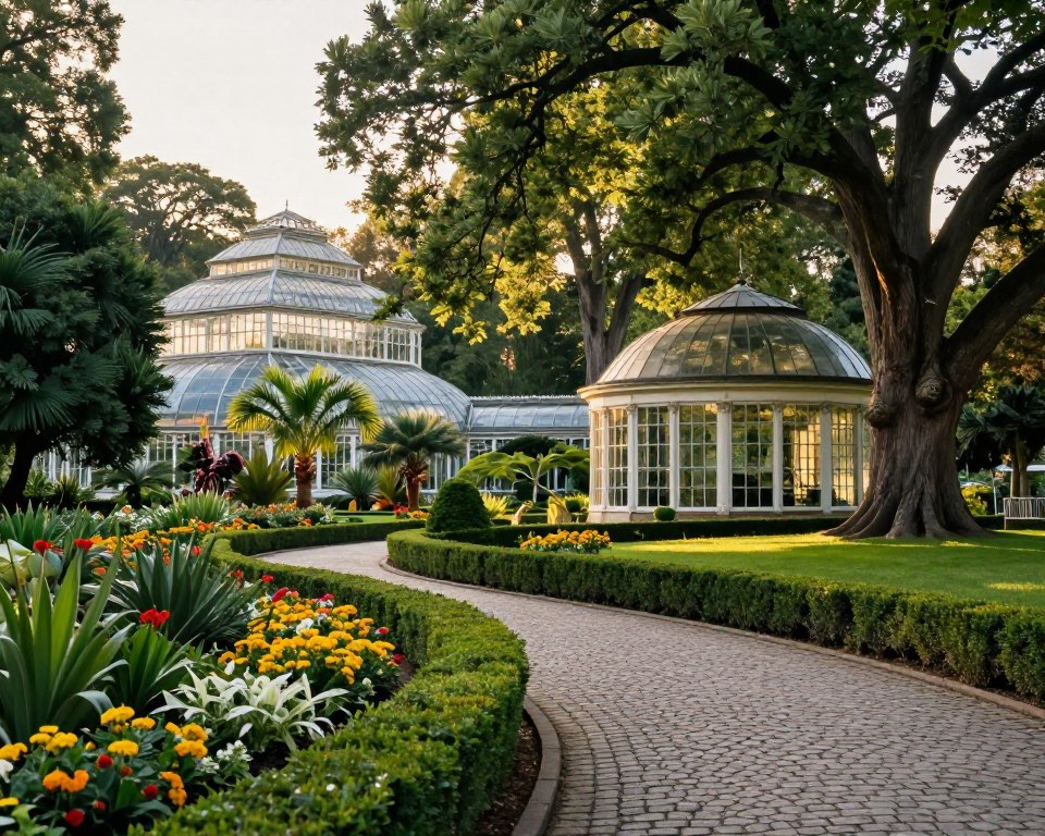 A serene scene of Park Oliwski, showcasing its lush greenery and beautiful landscapes. In the foreground, a cobblestone path winds through vibrant flowerbeds and neatly trimmed hedges, inviting visitors to explore the park. In the middle ground, the elegant Palm House stands, showcasing a variety of tropical plants, while nearby, the Whispering Gallery nestled among ancient trees creates a tranquil space for contemplation. The background features majestic century-old trees, casting dappled sunlight across the area. The atmosphere is peaceful and inviting, with soft, warm lighting that suggests early morning or late afternoon. The angle captures the depth of the park, encouraging a sense of exploration and discovery, ideal for practical tips on visiting this natural haven. A serene scene of Park Oliwski, showcasing its lush greenery and beautiful landscapes. In the foreground, a cobblestone path winds through vibrant flowerbeds and neatly trimmed hedges, inviting visitors to explore the park. In the middle ground, the elegant Palm House stands, showcasing a variety of tropical plants, while nearby, the Whispering Gallery nestled among ancient trees creates a tranquil space for contemplation. The background features majestic century-old trees, casting dappled sunlight across the area. The atmosphere is peaceful and inviting, with soft, warm lighting that suggests early morning or late afternoon. The angle captures the depth of the park, encouraging a sense of exploration and discovery, ideal for practical tips on visiting this natural haven.