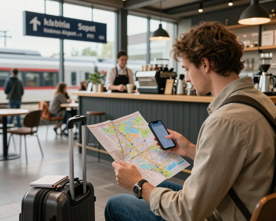 A serene travel planning scene illustrating practical tips for a journey from Gdańsk Airport to Sopot. In the foreground, a professional traveler, dressed in smart-casual attire, is intently studying a travel map with a smartphone in hand, surrounded by travel essentials like a suitcase and a notebook. The middle ground features a stylish café setting with a friendly barista serving coffee, symbolizing a perfect stop for travelers. The background captures a modern train station bustling with commuters, showcasing the SKM and PKM train options. The lighting is warm and inviting, with soft natural light filtering through large windows, creating a welcoming atmosphere for those preparing for their journey.