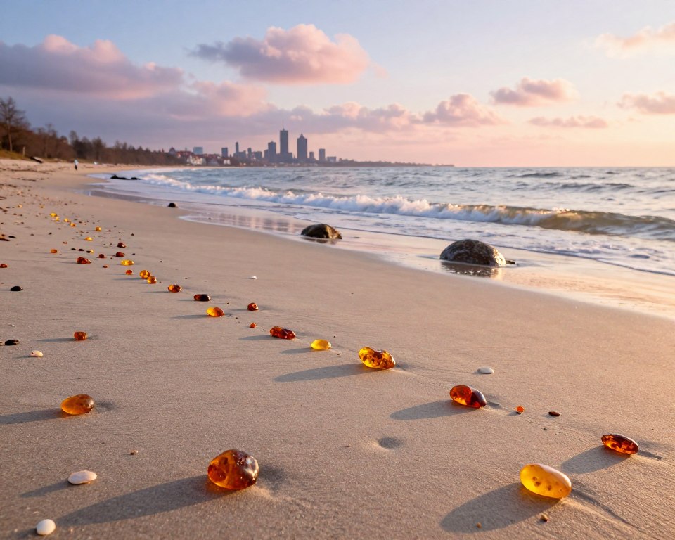 A serene view of Gdańsk beach at sunrise, focusing on a sandy shoreline dotted with pieces of amber glistening in the soft morning light. In the foreground, the amber stones vary in size and shape, sparkling vividly against the pale sands. The middle ground features gentle waves lapping at the shore, with a few smooth rocks and seashells scattered about. In the background, the silhouette of the Gdańsk skyline rises softly against the pastel-colored sky, intermixed with fluffy clouds. The scene should evoke a sense of calm and tranquility, with a warm golden hue illuminating the beach, creating an inviting atmosphere for treasure hunters. Capture the essence of the location with a wide-angle perspective, emphasizing the expansive beach and beautiful landscape. A serene view of Gdańsk beach at sunrise, focusing on a sandy shoreline dotted with pieces of amber glistening in the soft morning light. In the foreground, the amber stones vary in size and shape, sparkling vividly against the pale sands. The middle ground features gentle waves lapping at the shore, with a few smooth rocks and seashells scattered about. In the background, the silhouette of the Gdańsk skyline rises softly against the pastel-colored sky, intermixed with fluffy clouds. The scene should evoke a sense of calm and tranquility, with a warm golden hue illuminating the beach, creating an inviting atmosphere for treasure hunters. Capture the essence of the location with a wide-angle perspective, emphasizing the expansive beach and beautiful landscape.