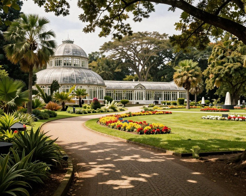 A serene view of Park Oliwski, featuring well-maintained paths winding through lush greenery and vibrant flower beds. In the foreground, a decorative stone pathway leads visitors towards the iconic Palm House, surrounded by palm trees and tropical plants. The middle ground showcases the Whispering Gallery, with its unique architecture inviting visitors to explore its charm. Soft dappled sunlight filters through the leaves, creating intricate patterns on the ground. In the background, tall ancient trees and carefully placed nature monuments add a sense of history and tranquility. Capture the mood of peaceful exploration and natural beauty, with a soft focus and warm lighting to evoke a welcoming atmosphere. The scene should emphasize the harmonious blend of nature and designated walking paths without any human figures. A serene view of Park Oliwski, featuring well-maintained paths winding through lush greenery and vibrant flower beds. In the foreground, a decorative stone pathway leads visitors towards the iconic Palm House, surrounded by palm trees and tropical plants. The middle ground showcases the Whispering Gallery, with its unique architecture inviting visitors to explore its charm. Soft dappled sunlight filters through the leaves, creating intricate patterns on the ground. In the background, tall ancient trees and carefully placed nature monuments add a sense of history and tranquility. Capture the mood of peaceful exploration and natural beauty, with a soft focus and warm lighting to evoke a welcoming atmosphere. The scene should emphasize the harmonious blend of nature and designated walking paths without any human figures.