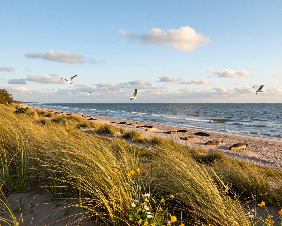A serene view of the Mewia Łacha Nature Reserve in Gdańsk, showcasing a picturesque coastline along the Baltic Sea. In the foreground, delicate dune grasses sway softly in the breeze, interspersed with vibrant wildflowers. The middle ground features a sandy beach where playful seals can be seen basking under the gentle sunlight, while various species of seagulls and other birds soar gracefully above, adding life to the scene. The background includes gentle waves lapping against the shore and a clear blue sky filled with soft, fluffy clouds. The lighting is warm and inviting, suggesting early evening, illuminating the landscape with a golden glow. Capture this tranquil atmosphere with a wide-angle lens and a slightly elevated perspective to encompass the natural beauty of the reserve.