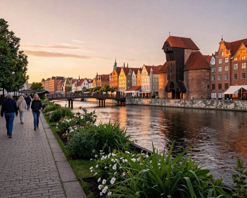 A serene view of the Motława River in Gdańsk, showcasing the picturesque waterfront with charming bulwarks and small wooden bridges. In the foreground, lush green plants and flowers line the stone path, inviting a peaceful stroll along the river. The middle ground features people leisurely walking, dressed in modest casual attire, enjoying the tranquil atmosphere. In the background, elegant historic buildings with colorful facades reflect in the calm water, complemented by softly glowing warm sunset lighting. The sky is painted with subtle hues of orange and pink, creating a mellow mood. The angle captures a low perspective, providing depth and inviting the viewer into this scenic stroll by the riverbank.