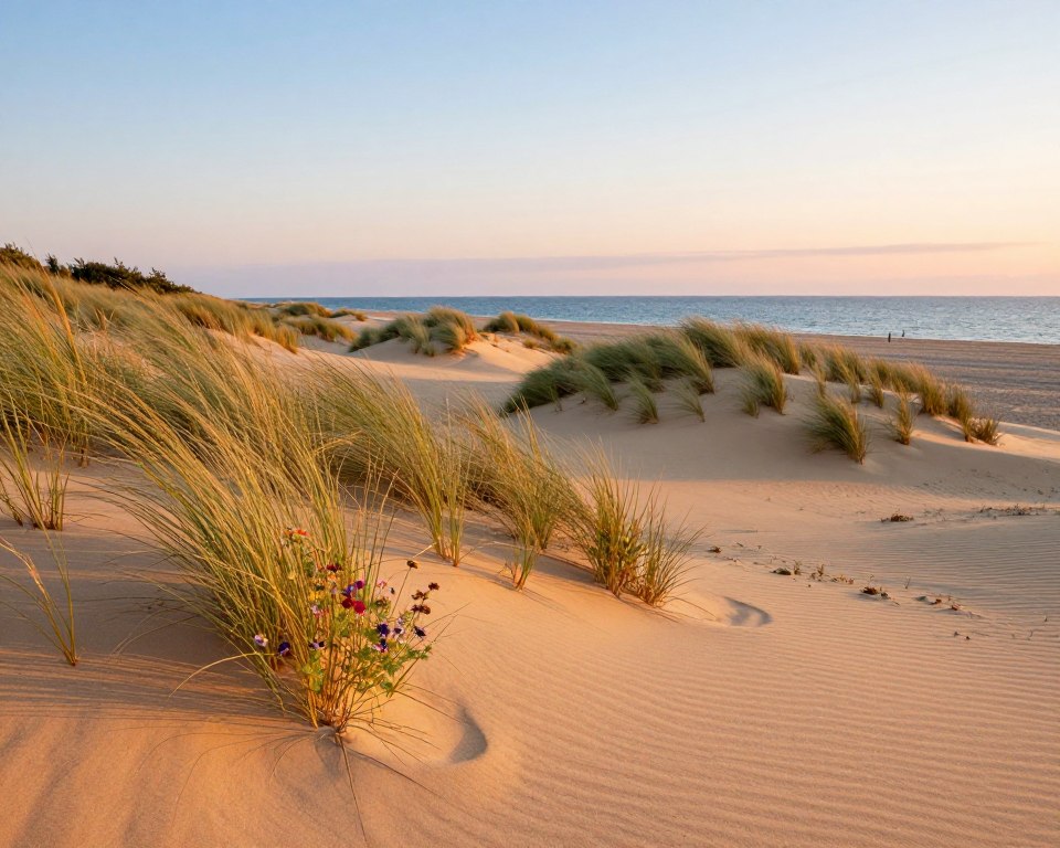 A serene view of the sand dunes on Sobieszewska Island, showcasing the natural beauty and unique vegetation of the area. In the foreground, gentle undulating dunes covered with soft beach grass and colorful wildflowers swaying in a light breeze. In the middle ground, patches of spiky marram grass contrasting against the warm golden sand, leading softly to the tranquil blue sea. The background features a clear sky painted with soft pastel colors during sunset, casting a warm glow over the landscape. The scene should evoke a sense of peace and connection to nature, highlighting the magic of Sobieszewska Island. Use natural lighting to create a warm and inviting atmosphere, captured with a wide-angle lens for depth. A serene view of the sand dunes on Sobieszewska Island, showcasing the natural beauty and unique vegetation of the area. In the foreground, gentle undulating dunes covered with soft beach grass and colorful wildflowers swaying in a light breeze. In the middle ground, patches of spiky marram grass contrasting against the warm golden sand, leading softly to the tranquil blue sea. The background features a clear sky painted with soft pastel colors during sunset, casting a warm glow over the landscape. The scene should evoke a sense of peace and connection to nature, highlighting the magic of Sobieszewska Island. Use natural lighting to create a warm and inviting atmosphere, captured with a wide-angle lens for depth.