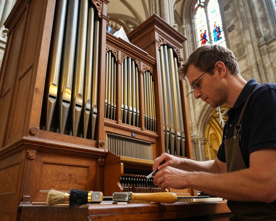 A skilled craftsman in professional attire delicately works on the intricate pipes of the historical Oliwski organ, focusing on the fine details of the wooden casing. The foreground features close-up tools, such as a chisel and brush, highlighting the restoration process. In the middle, the ornate organ pipes, some shining and others in need of care, create a stunning visual array with various shades of gold and bronze. The background reveals the stunning architecture of the Oliwa Cathedral, softly illuminated by warm, natural light filtering through stained glass windows. The atmosphere is reverent and tranquil, reflecting the dedication and artistry involved in preserving this monumental instrument, with an emphasis on historical significance and craftsmanship. A skilled craftsman in professional attire delicately works on the intricate pipes of the historical Oliwski organ, focusing on the fine details of the wooden casing. The foreground features close-up tools, such as a chisel and brush, highlighting the restoration process. In the middle, the ornate organ pipes, some shining and others in need of care, create a stunning visual array with various shades of gold and bronze. The background reveals the stunning architecture of the Oliwa Cathedral, softly illuminated by warm, natural light filtering through stained glass windows. The atmosphere is reverent and tranquil, reflecting the dedication and artistry involved in preserving this monumental instrument, with an emphasis on historical significance and craftsmanship.