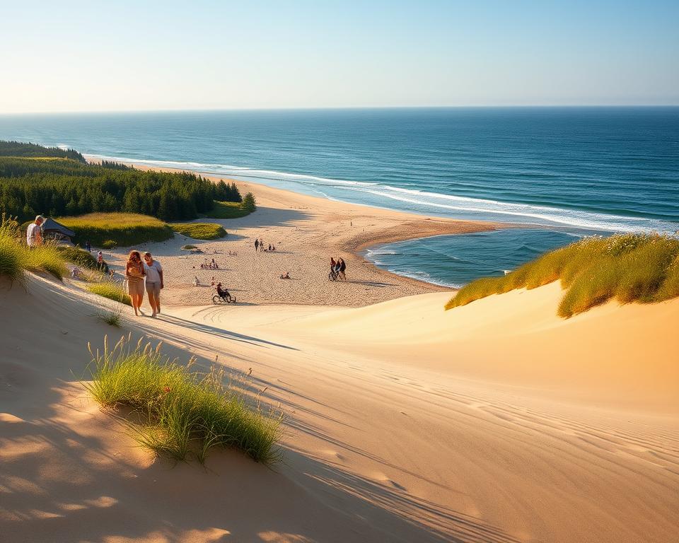 A stunning coastal scene of the Hel Peninsula in Poland, showcasing its picturesque beaches and natural attractions. In the foreground, soft golden sand dunes gently slope towards the crystal-clear waters of the Baltic Sea, with small patches of lush green grass peeking through. The middle ground features serene beachgoers enjoying the sun, dressed in modest summer attire, engaging in various activities like walking, biking, and beachcombing. In the background, forested areas contrast with the sandy beaches, creating a vibrant green backdrop dotted with colorful wildflowers. The scene is illuminated by warm, late afternoon sunlight, casting soft shadows and highlighting the gentle waves. The overall mood is tranquil and inviting, capturing the essence of nature's beauty along the Hel Peninsula.