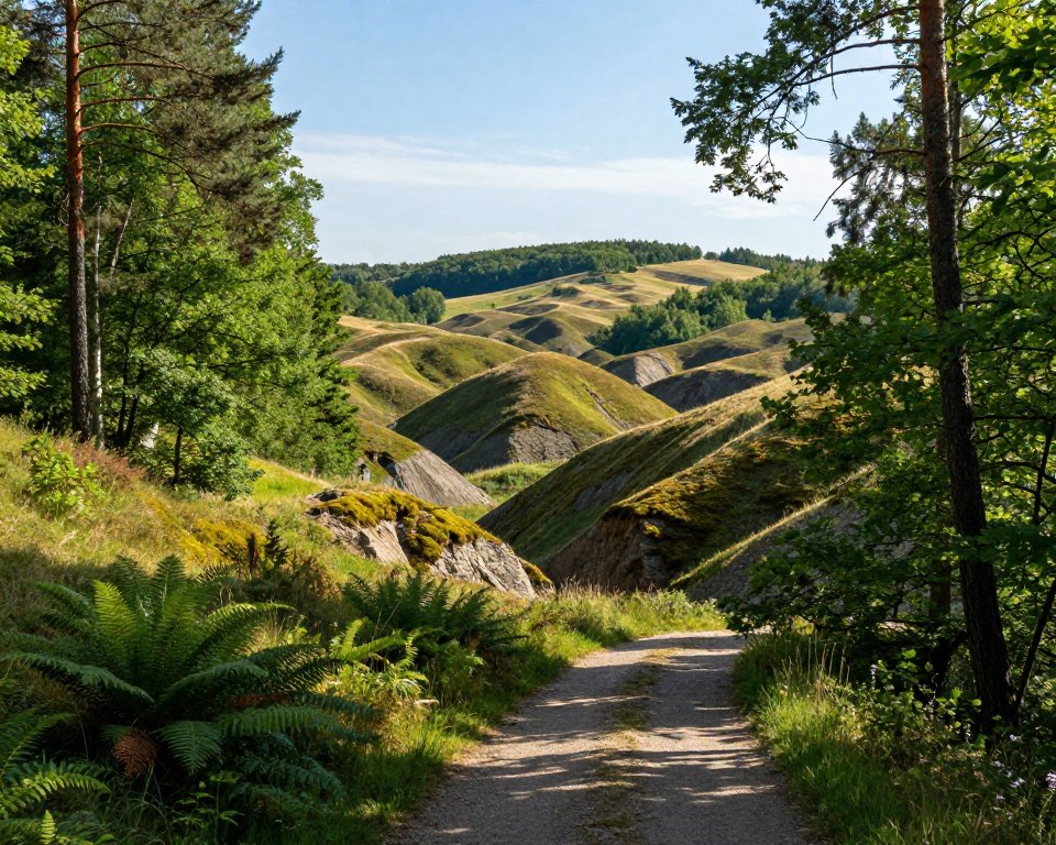 A stunning landscape scene showcasing the geomorphology and natural beauty of Trójmiejski Park Krajobrazowy near Gdańsk. In the foreground, a winding path leads through a lush, dense forest of tall pine and beech trees, with patches of ferns and wildflowers peppering the ground. In the middle ground, prominent geological features like steep, moss-covered ravines and rolling hills create an intricate pattern of relief. Soft sunlight filters through the canopy, casting dappled shadows on the forest floor. The background is graced by sweeping views of distant hills, layered in shades of green and brown, with a clear blue sky above. The atmosphere is serene and inviting, perfect for showcasing the park's unique geomorphological characteristics in a tranquil yet dynamic setting. A stunning landscape scene showcasing the geomorphology and natural beauty of Trójmiejski Park Krajobrazowy near Gdańsk. In the foreground, a winding path leads through a lush, dense forest of tall pine and beech trees, with patches of ferns and wildflowers peppering the ground. In the middle ground, prominent geological features like steep, moss-covered ravines and rolling hills create an intricate pattern of relief. Soft sunlight filters through the canopy, casting dappled shadows on the forest floor. The background is graced by sweeping views of distant hills, layered in shades of green and brown, with a clear blue sky above. The atmosphere is serene and inviting, perfect for showcasing the park's unique geomorphological characteristics in a tranquil yet dynamic setting.