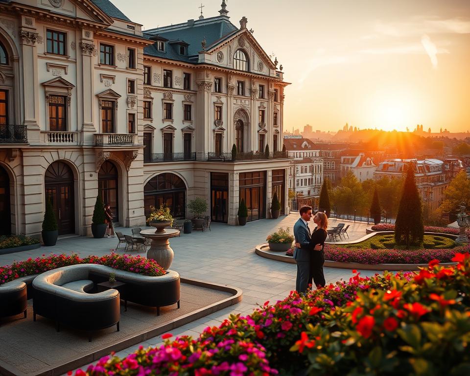 A stunning view of a luxurious five-star hotel in Gdańsk, surrounded by historic architecture, with elegant baroque and modern elements blending seamlessly. In the foreground, a beautifully landscaped garden features colorful flowers and plush seating areas, inviting relaxation. The middle ground shows the hotel's grand entrance with a stylishly dressed couple in professional business attire, engaging in conversation. The background reveals the iconic Gdańsk skyline under a soft golden sunset, casting warm light across the scene. The atmosphere is serene and upscale, evoking a sense of sophistication and comfort. Deep focus lens with gentle bokeh highlights the couple and the hotel, enhancing the luxurious feel of the image.