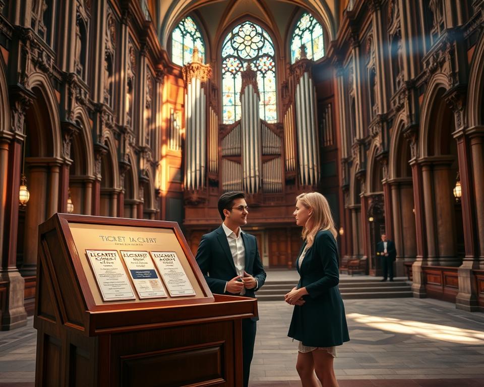 A ticket booth in a grand cathedral setting, with ornate architecture showcasing intricate details of the Olivian Cathedral's interior. In the foreground, a wooden ticket counter displaying elegant concert tickets for the organ concerts, illuminated by warm, soft lighting. The middle ground features a stylish individual in professional attire engaging with a customer, both expressing excitement about the concert. In the background, majestic organ pipes rise towards the ceiling, bathed in soft rays of light streaming through stained glass windows, casting colorful shadows on the stone floor. The overall atmosphere should evoke a sense of elegance and anticipation for a musical experience, emphasizing the significance of organ concerts in this beautiful space.