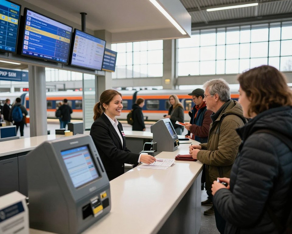 A train ticket counter at a PKP SKM station in Gdańsk, with a friendly employee in professional attire assisting a customer. The foreground features a modern ticket machine and a well-organized queue of people waiting to purchase tickets. The middle section captures the ticket counter, with digital screens displaying train schedules and ticket prices. The background includes a spacious, brightly lit station interior with high ceilings, large windows allowing natural light to flood in, and hints of train platforms visible through the glass. The atmosphere is busy yet orderly, reflecting a typical day at the train station, showcasing convenience and accessibility.