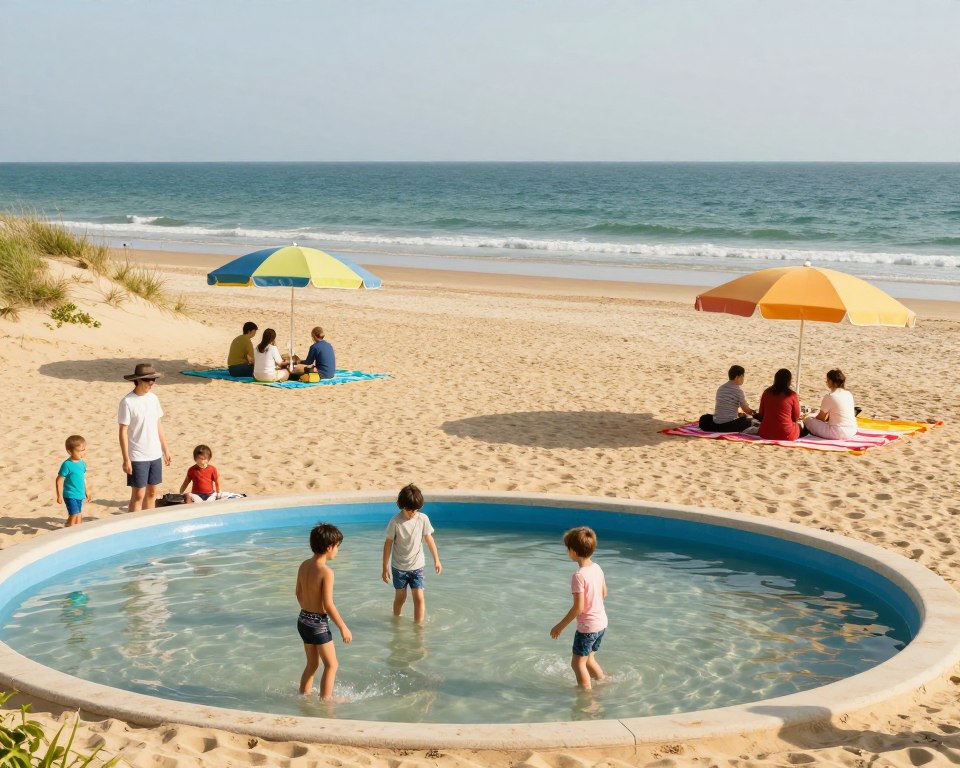 A tranquil beach scene at Stogi, showcasing vibrant family-friendly infrastructure. In the foreground, children play safely in a shallow wading pool, supervised by adults dressed in modest casual clothing, such as t-shirts and shorts. In the middle ground, cheerful beach umbrellas provide shade, and families are enjoying picnics on colorful mats. Soft sand dunes stretch across the scene, leading to a serene ocean in the background, where gentle waves lap at the shore under a bright, sunny sky. The lighting is warm and inviting, with sunlight casting soft shadows. The atmosphere is joyful and relaxed, emphasizing a safe and enjoyable beach experience for families. No text or watermarks present.