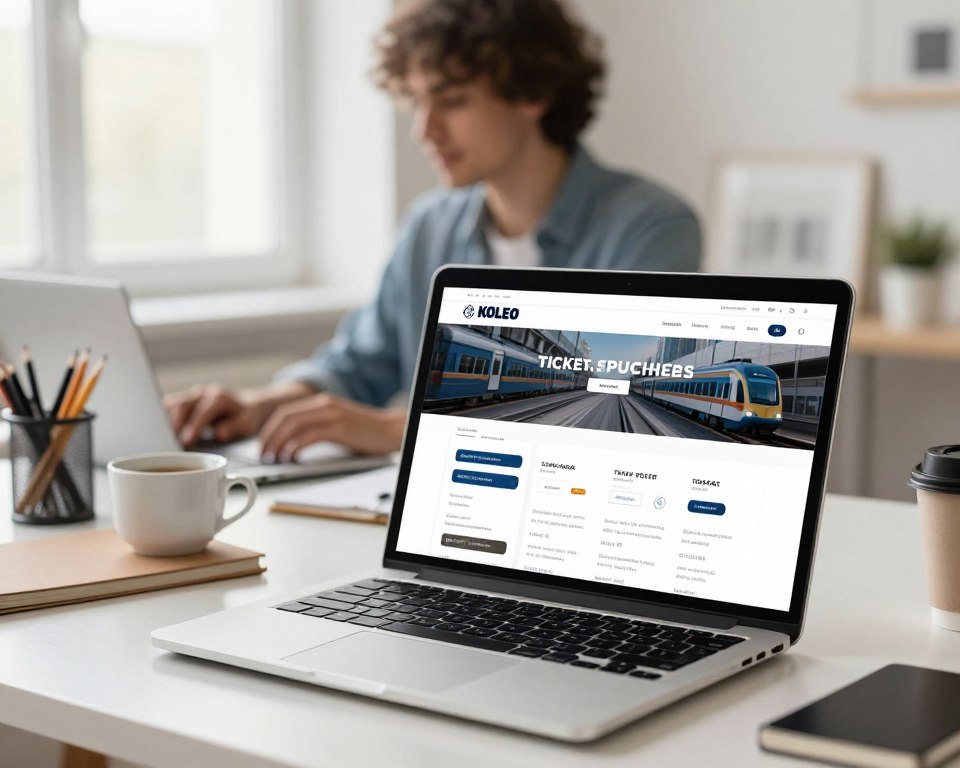 A user-friendly online ticket purchase interface for the KOLEO platform, showcasing a laptop on a modern desk. In the foreground, the laptop screen brightly displays the KOLEO ticket purchasing website with an intuitive layout featuring train schedules and ticket options. In the middle ground, a person in smart casual attire sits, focused on the screen, with a look of concentration, surrounded by a warm and inviting workspace filled with stationery and a cup of coffee. The background depicts a bright, airy room with large windows filtering soft natural light. The overall mood is professional yet relaxed, emphasizing the convenience of online ticket purchasing for SKM Gdańsk travelers. No text or overlays present.