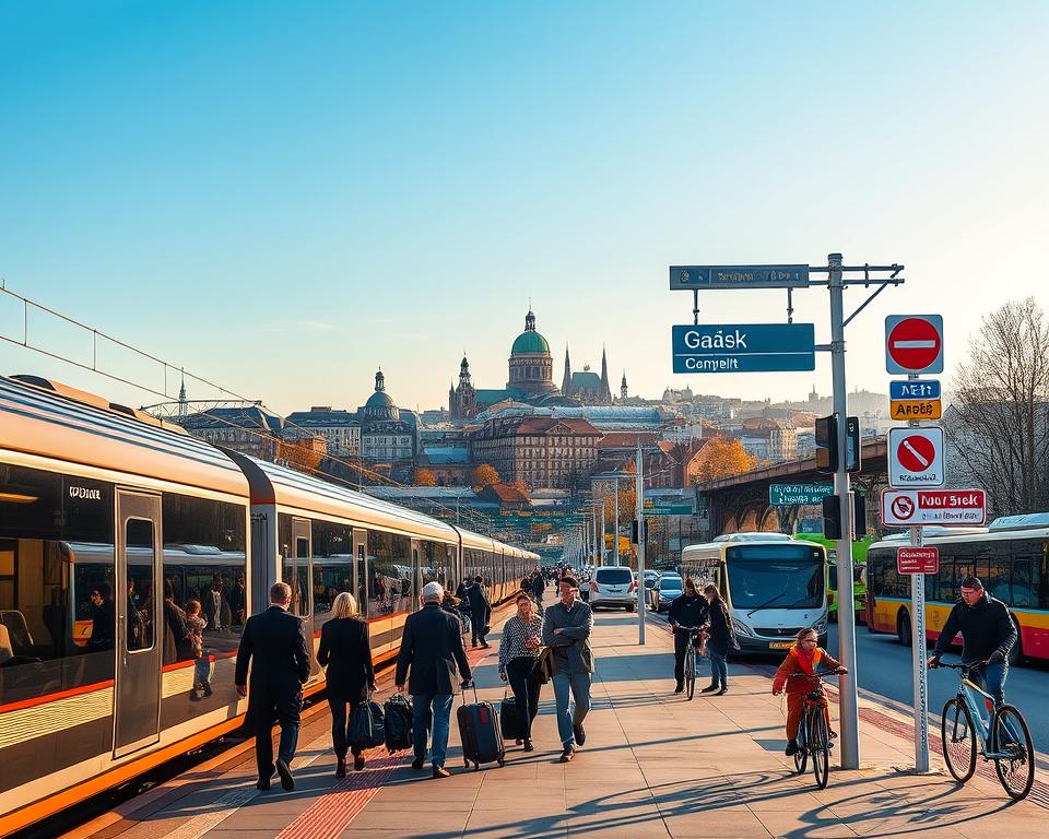 A vibrant and bustling scene depicting various forms of transport leading to Gdańsk. In the foreground, show a modern train station with sleek trains, passengers in professional business attire, and families with luggage. The middle ground features city buses and bicycles, highlighting the accessibility of Gdańsk. Brightly colored street signs and public transport schedules can be seen, illustrating organized urban transit. In the background, the iconic Gdańsk skyline emerges under a clear blue sky, with hints of historical architecture. Emphasize warm, inviting lighting during golden hour to create a welcoming atmosphere. The scene should convey a sense of movement and connectivity, showcasing the diverse travel options to Gdańsk. Ensure no text or markings are present in the image. A vibrant and bustling scene depicting various forms of transport leading to Gdańsk. In the foreground, show a modern train station with sleek trains, passengers in professional business attire, and families with luggage. The middle ground features city buses and bicycles, highlighting the accessibility of Gdańsk. Brightly colored street signs and public transport schedules can be seen, illustrating organized urban transit. In the background, the iconic Gdańsk skyline emerges under a clear blue sky, with hints of historical architecture. Emphasize warm, inviting lighting during golden hour to create a welcoming atmosphere. The scene should convey a sense of movement and connectivity, showcasing the diverse travel options to Gdańsk. Ensure no text or markings are present in the image.