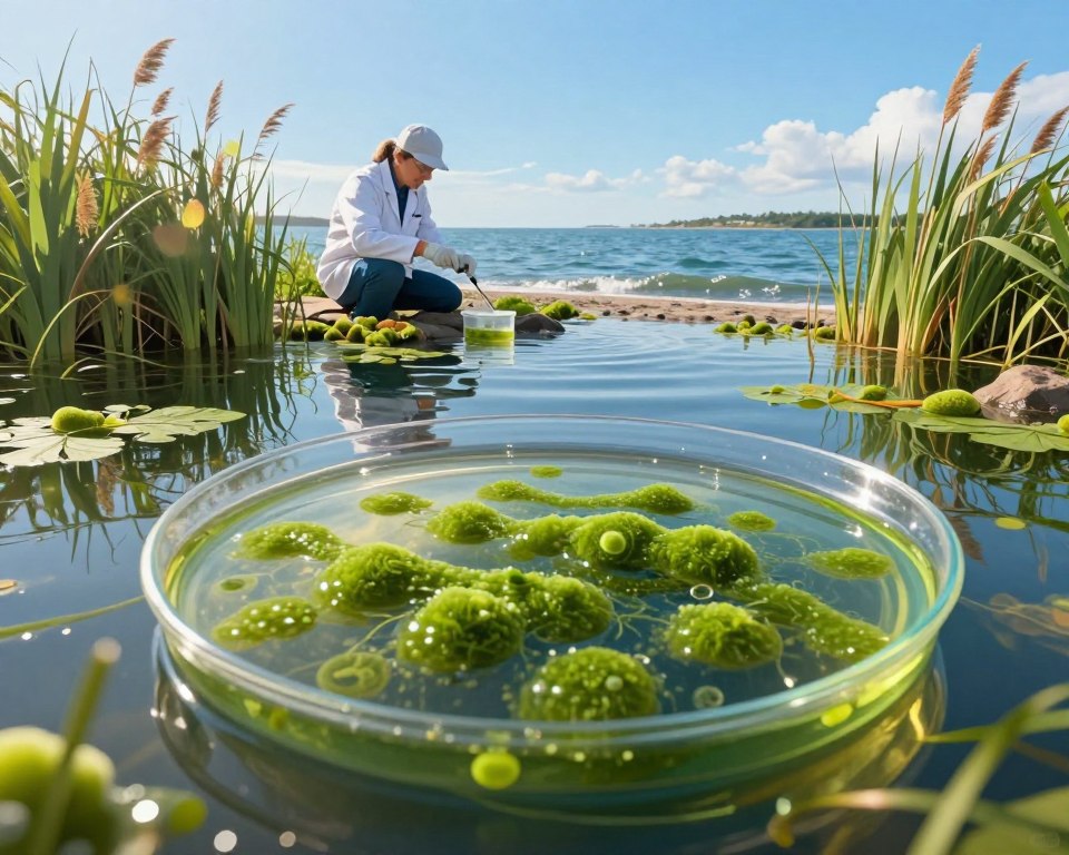 A vibrant and detailed illustration depicting factors influencing the occurrence of blue-green algae in the Gdańsk Bay. In the foreground, show a close-up of a water sample with visible cyanobacteria, emphasizing the greenish hue and texture of the algae. The middle ground should include a diverse array of coastal vegetation, such as reeds and sedges, along with a scientific researcher in professional attire examining water quality, suggesting a connection to environmental monitoring. In the background, portray Gdańsk Bay with a clear blue sky and gentle waves, underscoring the importance of water conditions. Utilize natural lighting to create a bright and informative atmosphere, with a slight lens flare to enhance the vibrancy of the scene. Focus on clarity and education, ensuring the image is engaging yet scientifically relevant. A vibrant and detailed illustration depicting factors influencing the occurrence of blue-green algae in the Gdańsk Bay. In the foreground, show a close-up of a water sample with visible cyanobacteria, emphasizing the greenish hue and texture of the algae. The middle ground should include a diverse array of coastal vegetation, such as reeds and sedges, along with a scientific researcher in professional attire examining water quality, suggesting a connection to environmental monitoring. In the background, portray Gdańsk Bay with a clear blue sky and gentle waves, underscoring the importance of water conditions. Utilize natural lighting to create a bright and informative atmosphere, with a slight lens flare to enhance the vibrancy of the scene. Focus on clarity and education, ensuring the image is engaging yet scientifically relevant.