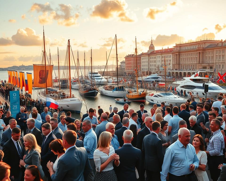 A vibrant and dynamic scene depicting the fusion of tradition and modernity at the Sea Festival in Gdańsk. In the foreground, groups of people in professional business attire and modest casual clothing celebrate, engaging in lively conversations while enjoying local delicacies. The middle ground features a colorful parade with traditional Polish ships alongside contemporary yachts, representing the maritime heritage of Gdańsk. Festive banners and modern art installations line the streets, creating a contrast between the old and the new. The background showcases the stunning architecture of Gdańsk’s shoreline, bathed in golden sunset lighting, with soft clouds reflecting warm hues. The atmosphere is joyful and celebratory, capturing the essence of community and cultural pride. Use a wide-angle lens to encompass the lively crowd and stunning seaside scenery, emphasizing the vibrancy of the festivities. A vibrant and dynamic scene depicting the fusion of tradition and modernity at the Sea Festival in Gdańsk. In the foreground, groups of people in professional business attire and modest casual clothing celebrate, engaging in lively conversations while enjoying local delicacies. The middle ground features a colorful parade with traditional Polish ships alongside contemporary yachts, representing the maritime heritage of Gdańsk. Festive banners and modern art installations line the streets, creating a contrast between the old and the new. The background showcases the stunning architecture of Gdańsk’s shoreline, bathed in golden sunset lighting, with soft clouds reflecting warm hues. The atmosphere is joyful and celebratory, capturing the essence of community and cultural pride. Use a wide-angle lens to encompass the lively crowd and stunning seaside scenery, emphasizing the vibrancy of the festivities.