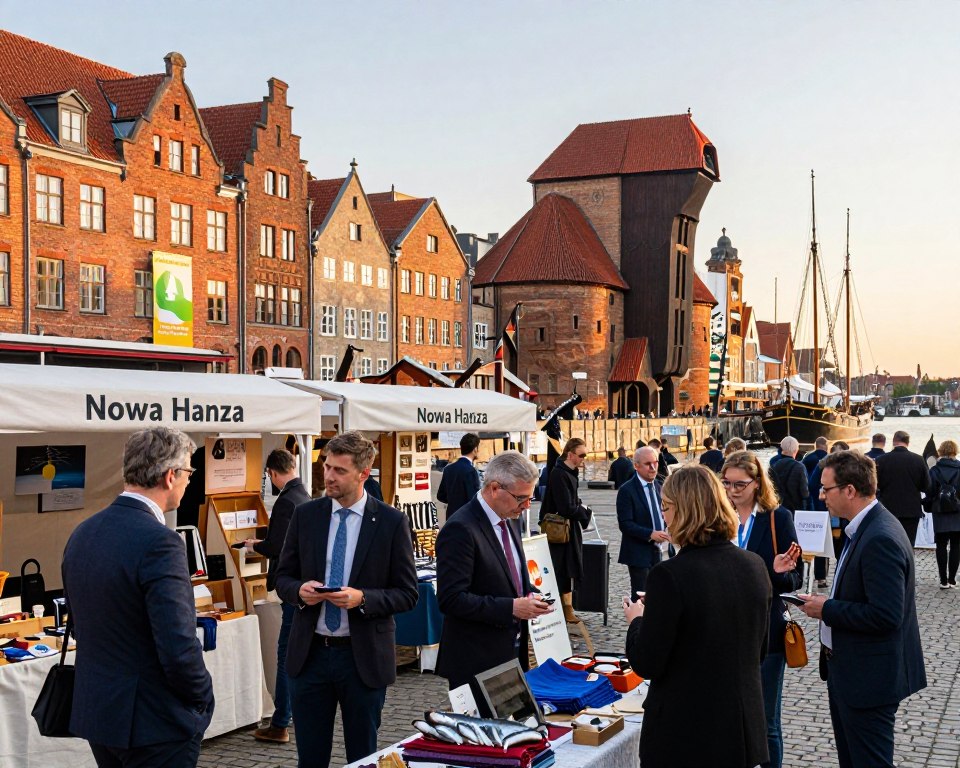 A vibrant and dynamic scene illustrating "Nowa Hanza," with modern initiatives echoing historical Hanseatic traditions. In the foreground, a diverse group of professionals in business attire collaborates at an outdoor market, showcasing local crafts and digital technologies that meld with traditional goods like fish and textiles. The middle ground features charming brick buildings inspired by Hanseatic architecture, adorned with banners that hint at sustainability and innovation. In the background, a serene waterfront captures the essence of Gdańsk, with ships reminiscent of the Hanseatic League. The warm lighting of sunset casts a golden hue, creating an inviting atmosphere, while a wide-angle perspective emphasizes the bustling activity and rich cultural heritage.