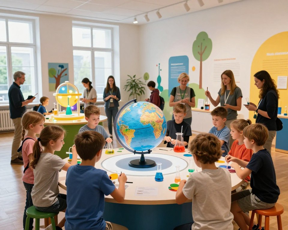 A vibrant and engaging interactive exhibition for children in Gdańsk, showcasing a colorful, hands-on science workshop. In the foreground, a diverse group of children, aged 6 to 12, wearing modest casual clothing, joyfully experimenting with various educational exhibits, such as a giant interactive globe and a glowing chemistry station. The middle ground features enthusiastic educators guiding the children, demonstrating experiments, and encouraging participation. The background presents a bright, spacious museum interior filled with vivid illustrations and playful designs on the walls. Soft, natural lighting streams through large windows, creating a warm and inviting atmosphere. The scene captures the excitement of learning through play and creativity in a child-friendly setting.