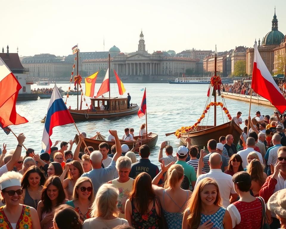 A vibrant and festive scene depicting the "Święto Morza" in Gdańsk, capturing its rich symbolism and significance. In the foreground, a diverse group of people of various ages, dressed in colorful attire, celebrating with joyful expressions as they wave flags and traditional banners. The middle ground features elegantly decorated wooden boats, sailing on the glistening Vistula River, surrounded by onlookers. In the background, the iconic Gdańsk skyline with its historic architecture, bathed in warm golden sunlight typical of a summer festival. The atmosphere is lively and inviting, evoking a sense of community and celebration. Capture this moment with a wide-angle lens to encompass both the crowd and the scenic waters, ensuring vibrant colors and dynamic lighting enhance the festive mood. A vibrant and festive scene depicting the "Święto Morza" in Gdańsk, capturing its rich symbolism and significance. In the foreground, a diverse group of people of various ages, dressed in colorful attire, celebrating with joyful expressions as they wave flags and traditional banners. The middle ground features elegantly decorated wooden boats, sailing on the glistening Vistula River, surrounded by onlookers. In the background, the iconic Gdańsk skyline with its historic architecture, bathed in warm golden sunlight typical of a summer festival. The atmosphere is lively and inviting, evoking a sense of community and celebration. Capture this moment with a wide-angle lens to encompass both the crowd and the scenic waters, ensuring vibrant colors and dynamic lighting enhance the festive mood.