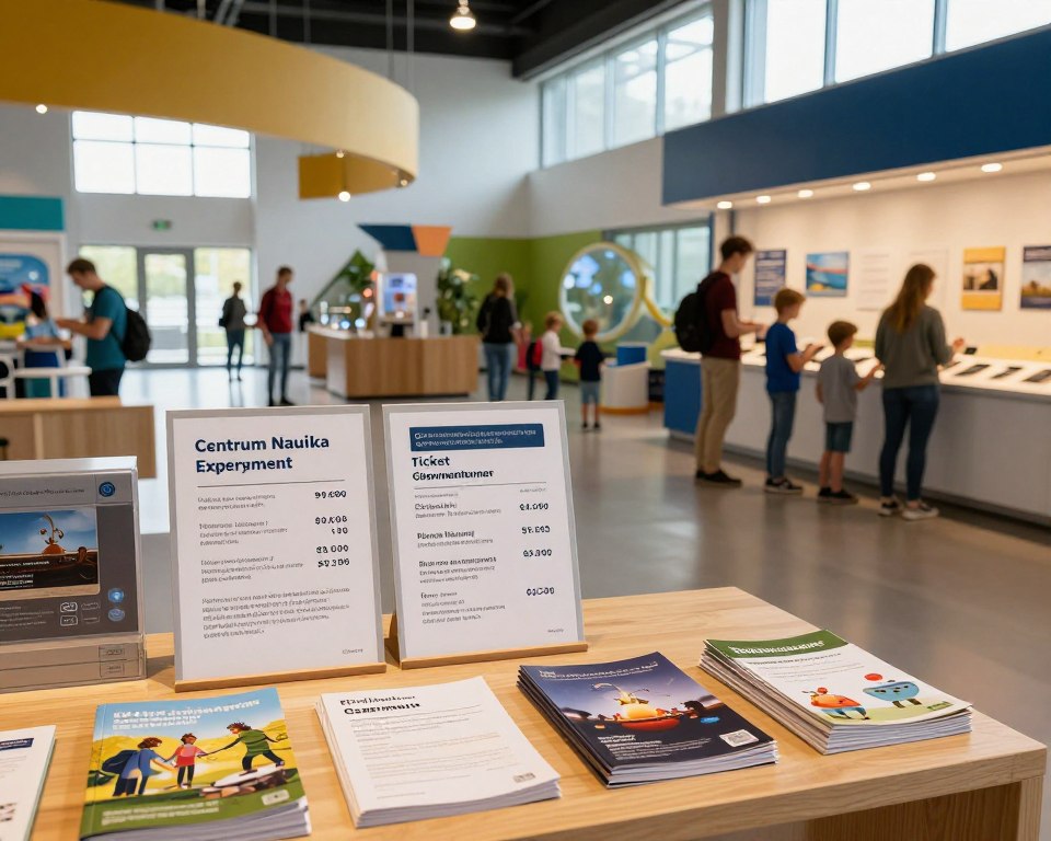 A vibrant and inviting interior view of the Centrum Nauki Experyment in Gdynia, showcasing an information desk prominently displaying ticket prices and practical information. In the foreground, neatly arranged brochures and pamphlets about exhibits and ticket options are visible. The middle ground features families, including children, engaged with interactive exhibits, highlighting the educational atmosphere. The background includes modern architectural elements of the center, with large windows allowing natural light to illuminate the space. Soft, warm lighting creates a welcoming mood, while the scene captures a sense of curiosity and excitement. Use a wide-angle perspective to encompass the dynamic environment and families in modest casual clothing exploring the science center. A vibrant and inviting interior view of the Centrum Nauki Experyment in Gdynia, showcasing an information desk prominently displaying ticket prices and practical information. In the foreground, neatly arranged brochures and pamphlets about exhibits and ticket options are visible. The middle ground features families, including children, engaged with interactive exhibits, highlighting the educational atmosphere. The background includes modern architectural elements of the center, with large windows allowing natural light to illuminate the space. Soft, warm lighting creates a welcoming mood, while the scene captures a sense of curiosity and excitement. Use a wide-angle perspective to encompass the dynamic environment and families in modest casual clothing exploring the science center.