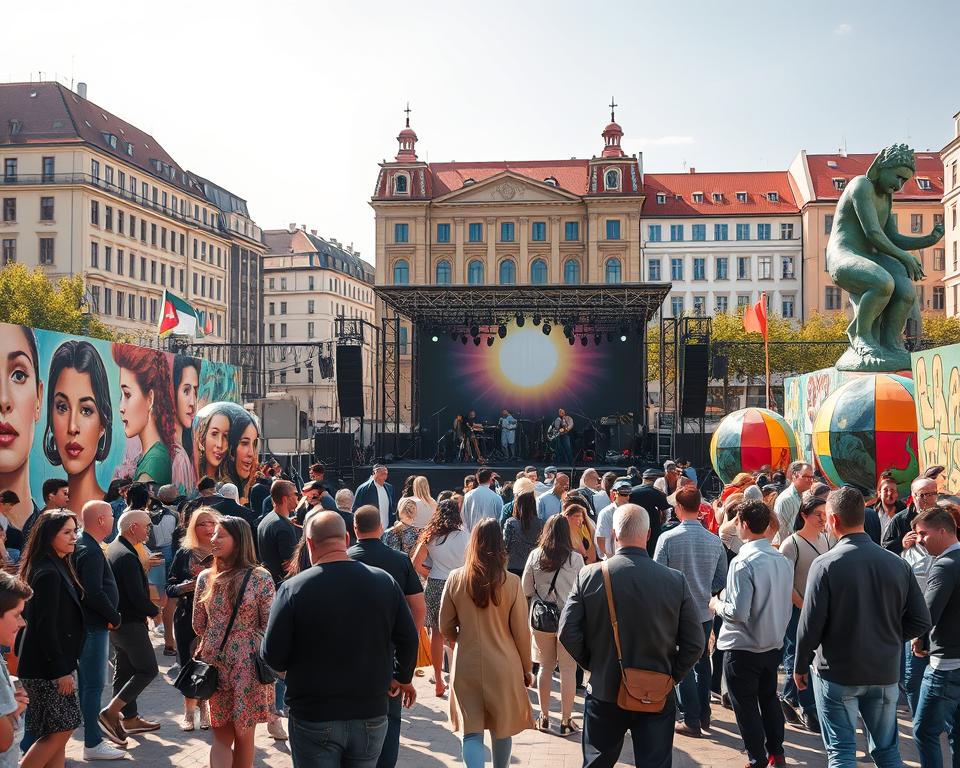 A vibrant artistic intervention in Gdańsk, showcasing a lively outdoor art installation amidst a bustling festival atmosphere. In the foreground, diverse groups of people, dressed in professional and modest casual attire, engage with colorful murals and sculptures that reflect themes of solidarity and cultural exchange. The middle layer features a dynamic stage with musicians performing, surrounded by enthusiastic festival-goers enjoying the music and each other’s company. In the background, the iconic Gdańsk architecture stands tall under a bright, sunny sky, enhancing the festive vibe. Use soft, natural lighting to create a warm atmosphere, capturing the essence of community and cultural expression. The scene should evoke a sense of joy and engagement, representing the spirit of the festival. A vibrant artistic intervention in Gdańsk, showcasing a lively outdoor art installation amidst a bustling festival atmosphere. In the foreground, diverse groups of people, dressed in professional and modest casual attire, engage with colorful murals and sculptures that reflect themes of solidarity and cultural exchange. The middle layer features a dynamic stage with musicians performing, surrounded by enthusiastic festival-goers enjoying the music and each other’s company. In the background, the iconic Gdańsk architecture stands tall under a bright, sunny sky, enhancing the festive vibe. Use soft, natural lighting to create a warm atmosphere, capturing the essence of community and cultural expression. The scene should evoke a sense of joy and engagement, representing the spirit of the festival.
