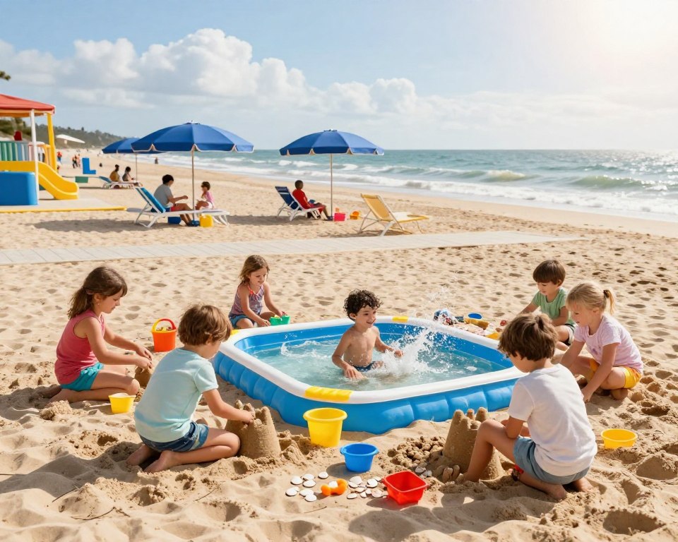 A vibrant beach scene at Stogi, featuring children playing joyfully in the sand and splashing in a shallow kiddie pool, surrounded by colorful beach toys. In the foreground, children in modest casual clothing build sandcastles and gather shells, showcasing a lively and playful atmosphere. In the middle ground, families relax under umbrellas, and a well-structured beach infrastructure can be seen, such as clean walkways and facilities. The background reveals a gentle, picturesque shoreline with soft waves lapping at the sand, under a bright, sunny sky with a few fluffy clouds. The warm sunlight bathes the scene in a cheerful glow, evoking a sense of fun and relaxation at this family-friendly beach destination.