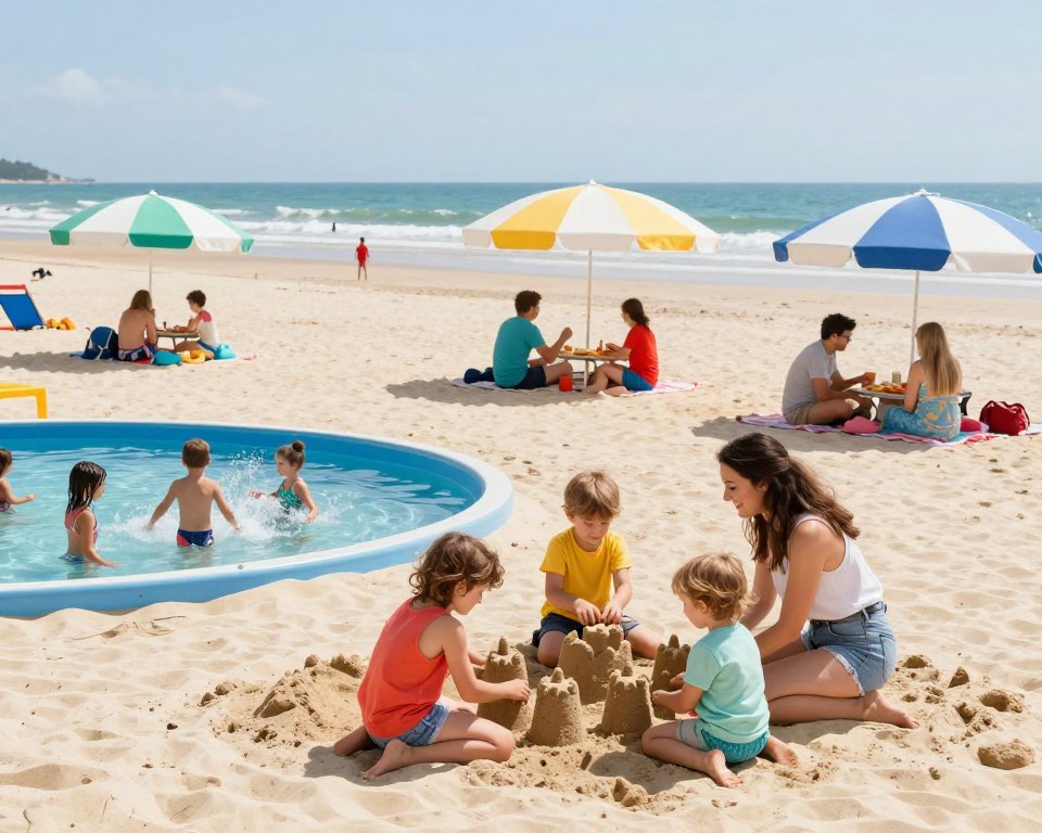 A vibrant beach scene at Stogi, showcasing family-friendly attractions. In the foreground, a playful family with young children builds sand castles, all dressed in colorful, modest casual clothing. To the left, a shallow wading pool is filled with giggling kids splashing water. In the middle ground, beach umbrellas and picnic areas are illustrated, with families enjoying snacks and leisure. In the background, the wide sandy beach stretches towards the horizon, with gentle waves lapping at the shore under a bright, sunny sky. The scene is bathed in warm, natural light, creating a joyful and welcoming atmosphere. The image captures the essence of a perfect family day at the Stogi beach, emphasizing enjoyment, relaxation, and togetherness.
