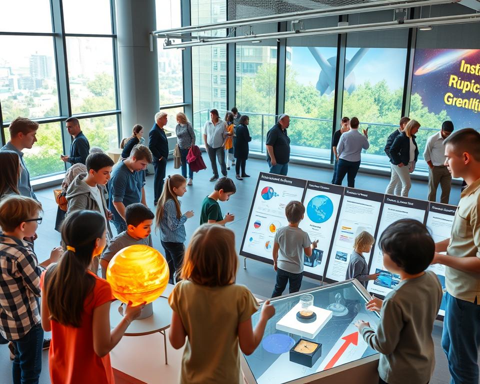A vibrant educational scene inside Centrum Hewelianum, showcasing an interactive science exhibit about energy and space. In the foreground, children and adults of diverse backgrounds, dressed in casual yet professional clothing, engage with hands-on displays, like a model of the solar system and dynamic energy experiments. The middle ground features informative panels brightened by ambient lighting that showcases colorful diagrams and scientific illustrations. The background includes large windows revealing a glimpse of the city skyline and greenery outside, flooded with natural light. The atmosphere is lively and inspiring, reflecting curiosity and enthusiasm for learning. Capture the image from a slight low angle to emphasize the interactions among people and the impressive exhibits. A vibrant educational scene inside Centrum Hewelianum, showcasing an interactive science exhibit about energy and space. In the foreground, children and adults of diverse backgrounds, dressed in casual yet professional clothing, engage with hands-on displays, like a model of the solar system and dynamic energy experiments. The middle ground features informative panels brightened by ambient lighting that showcases colorful diagrams and scientific illustrations. The background includes large windows revealing a glimpse of the city skyline and greenery outside, flooded with natural light. The atmosphere is lively and inspiring, reflecting curiosity and enthusiasm for learning. Capture the image from a slight low angle to emphasize the interactions among people and the impressive exhibits.