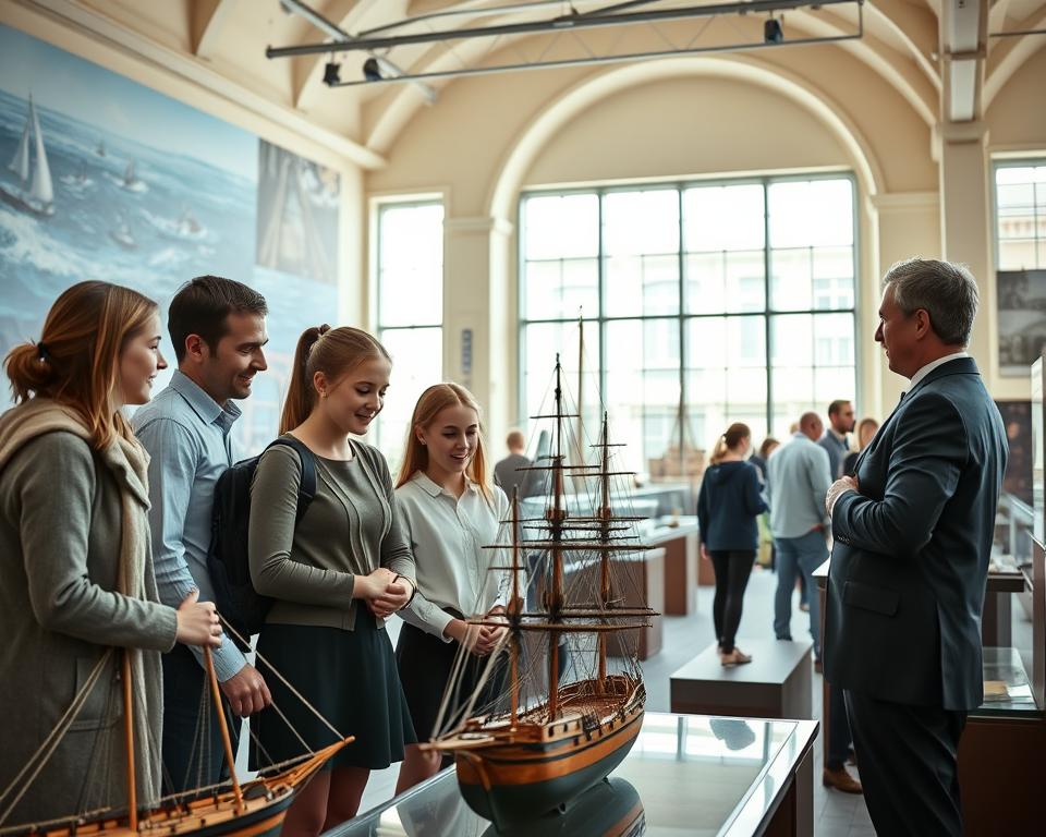 A vibrant educational scene set in the National Maritime Museum in Gdańsk, showcasing a diverse group of visitors engaged in hands-on maritime activities and learning experiences. In the foreground, a family of four, dressed in smart casual attire, examines a model ship under the guidance of a knowledgeable museum staff member, who is wearing a professional outfit. The middle ground features engaging exhibits, including intricate ship models and informative displays about maritime history. In the background, large windows allow natural light to flood the space, illuminating the museum's historic architecture and sea-themed artworks, creating an inviting and informative atmosphere. The mood is inspiring and engaging, emphasizing the joy of learning about maritime heritage. A vibrant educational scene set in the National Maritime Museum in Gdańsk, showcasing a diverse group of visitors engaged in hands-on maritime activities and learning experiences. In the foreground, a family of four, dressed in smart casual attire, examines a model ship under the guidance of a knowledgeable museum staff member, who is wearing a professional outfit. The middle ground features engaging exhibits, including intricate ship models and informative displays about maritime history. In the background, large windows allow natural light to flood the space, illuminating the museum's historic architecture and sea-themed artworks, creating an inviting and informative atmosphere. The mood is inspiring and engaging, emphasizing the joy of learning about maritime heritage.